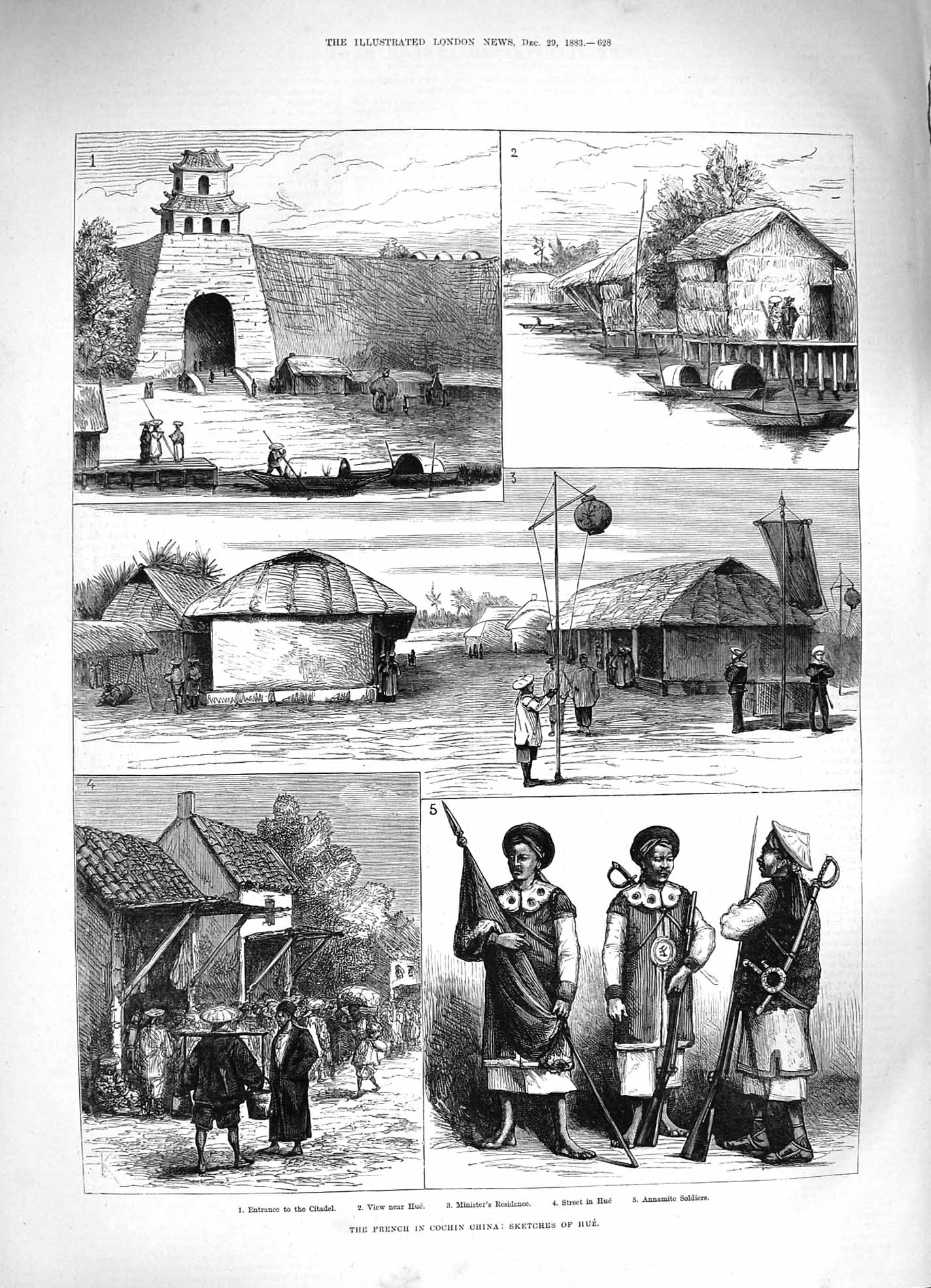 Original Old Antique Print 1883 French Cochin China Hue Citadel Annamit 19th