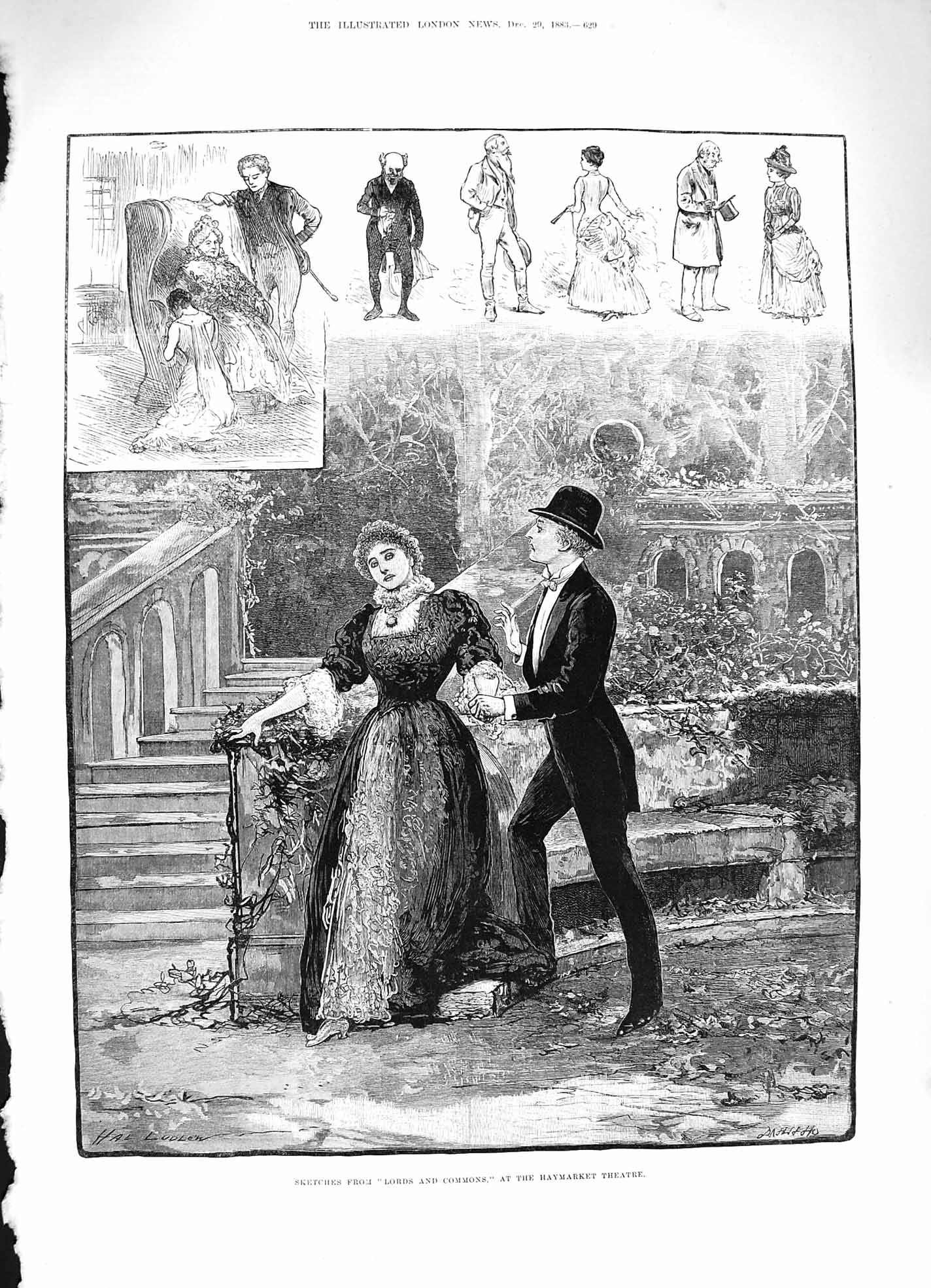 Original Old Antique Print 1883 Scene Lords Commons Haymarket Theatre Actors