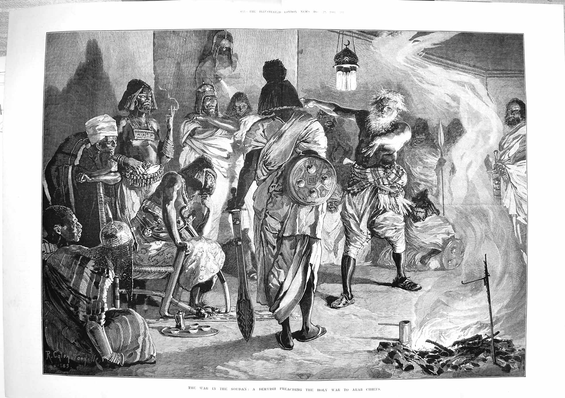 Original Old Antique Print 1883 Soudan Dervish Preaching Holy War Arab Chiefs