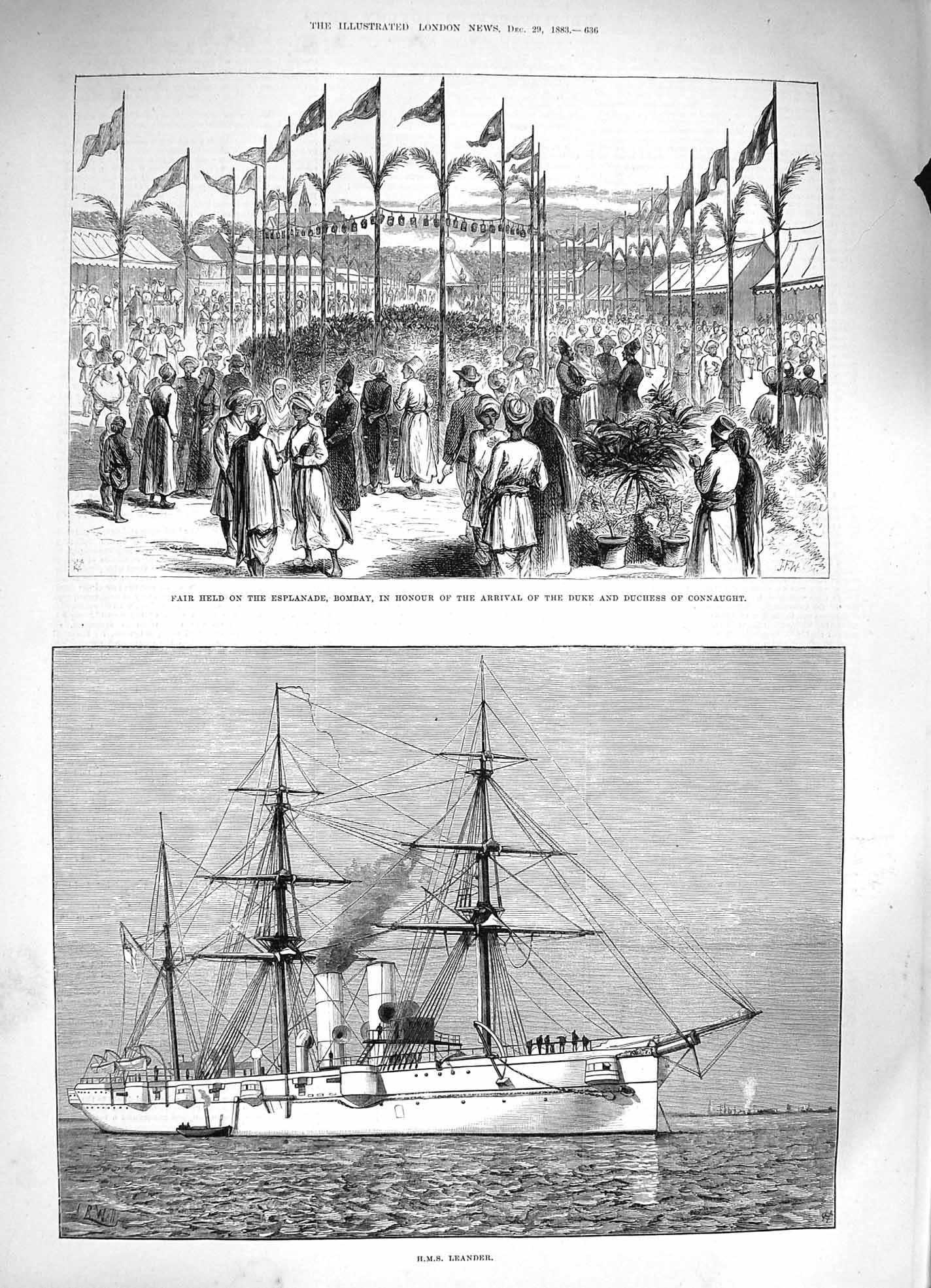 Old Antique Print 1883 Ship Leander Fair Esplanade Bombay Duke Connaught 19th