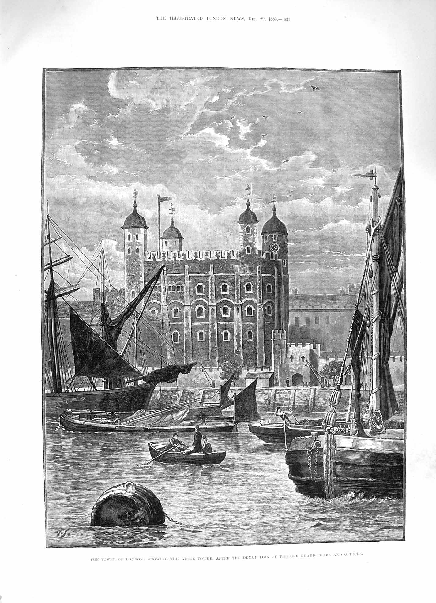 Old Antique Print 1883 White Tower London Demolition Guard Rooms Offices 19th