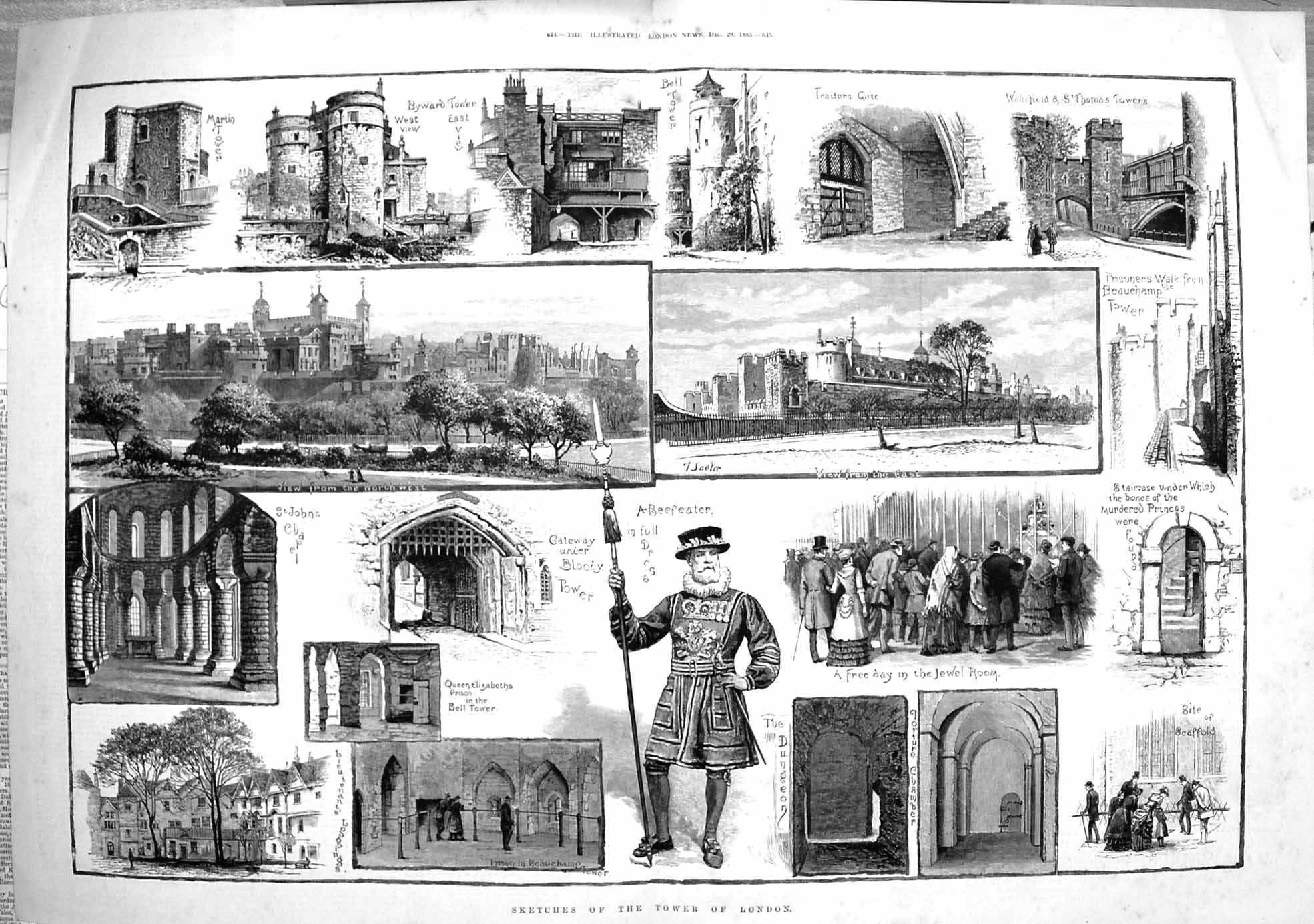 Original Old Antique Print 1883 Tower London Beefeater Jewel Room Beauchamp