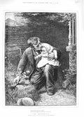 Original Old Antique Print 1883 Memory Baby Girl Man Grave Churchyard Stocks