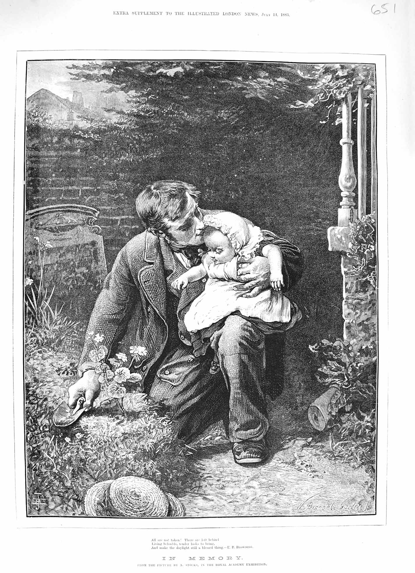 Original Old Antique Print 1883 Memory Baby Girl Man Grave Churchyard Stocks
