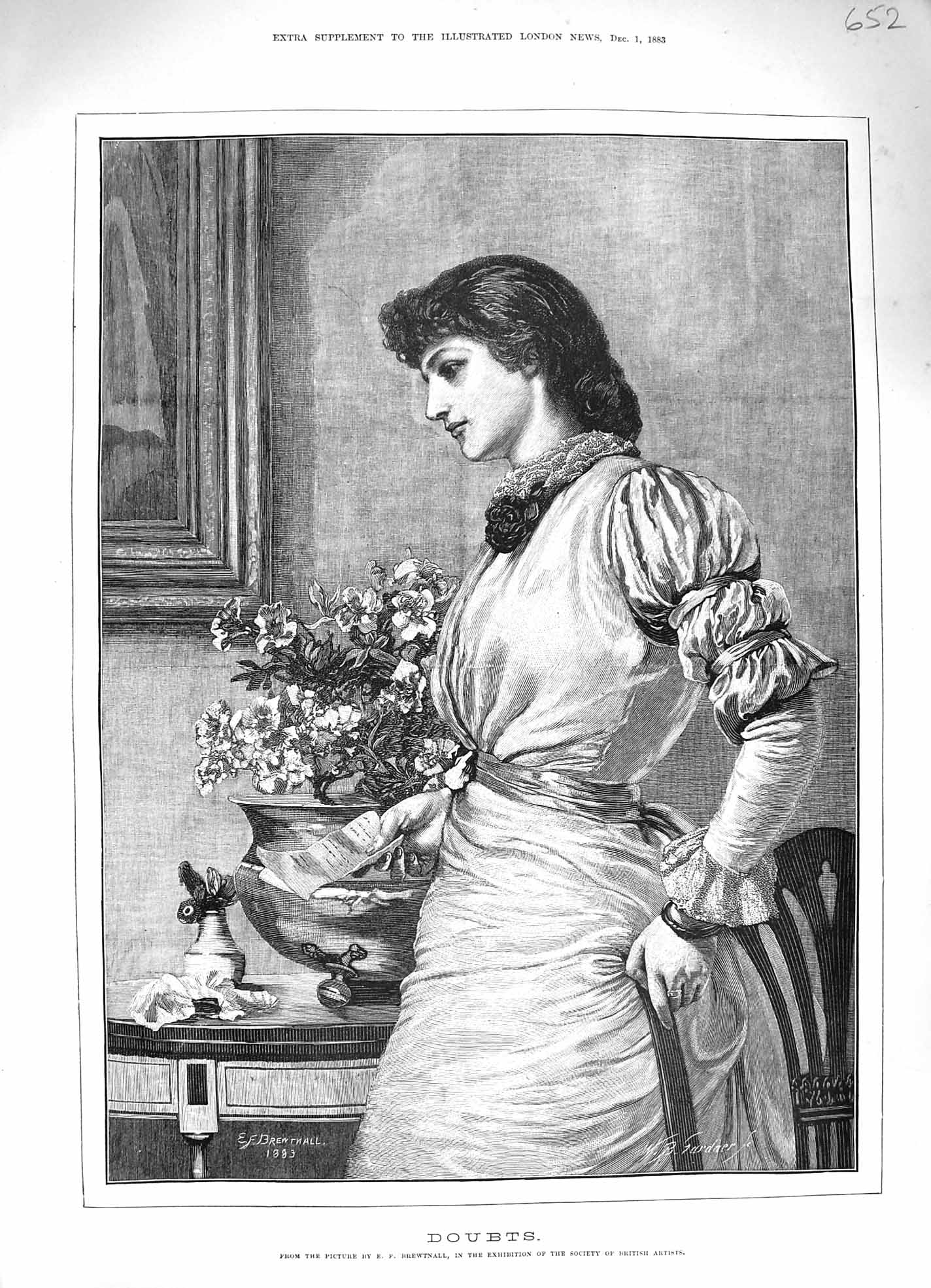 Original Old Antique Print 1883 Doubts Beautiful Girl Letter Flowers Brewtnall