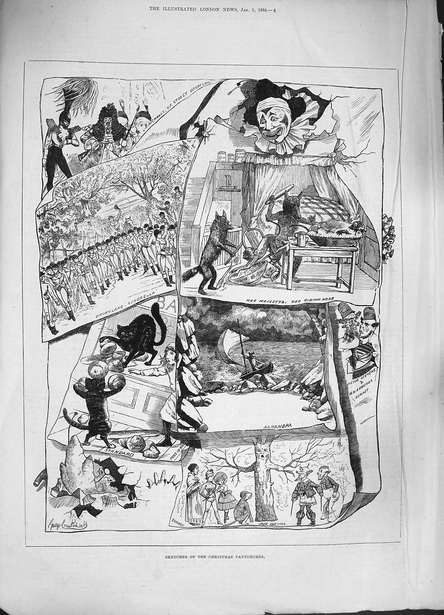 Original Old Antique Print 1884 Christmas Pantomimes Drury Alhambra Jack Jill