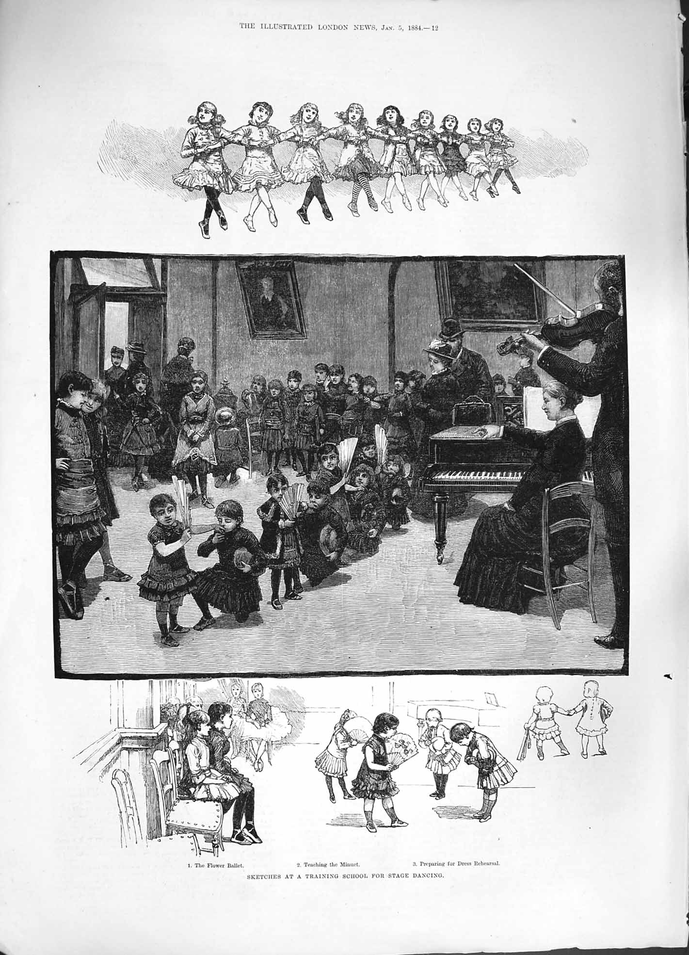 Old Antique Print 1884 Training School Stage Dancing Flower Ballet Music 19th