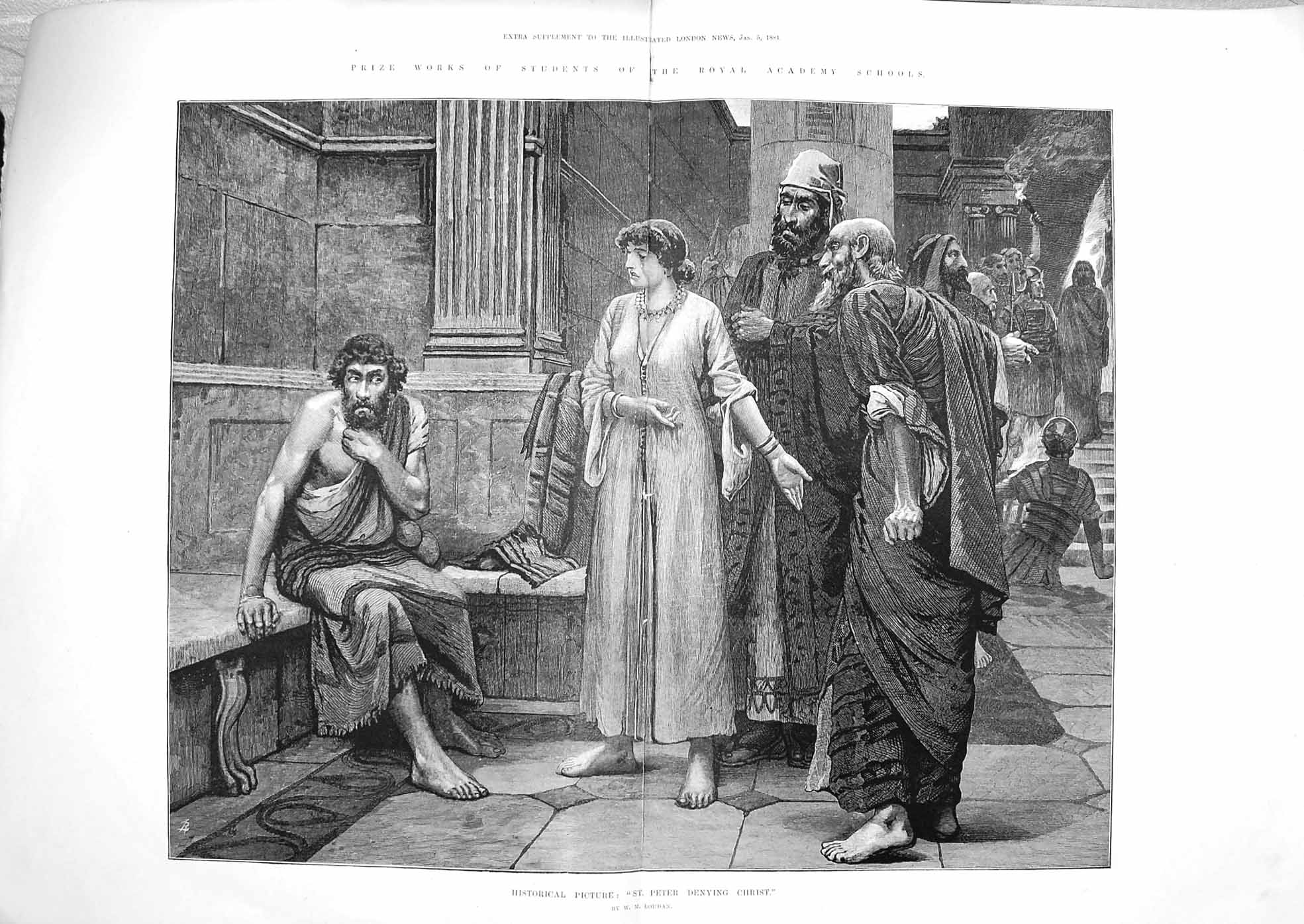 Original Old Antique Print Damaged 1884 St. Peter Denying Christ Art 0 Victorian