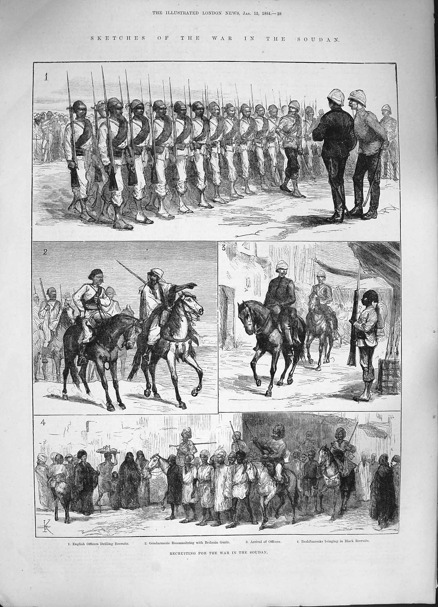 Original Old Antique Print 1884 War Soudan Bashibazouks Baker Pasha Suez Ship