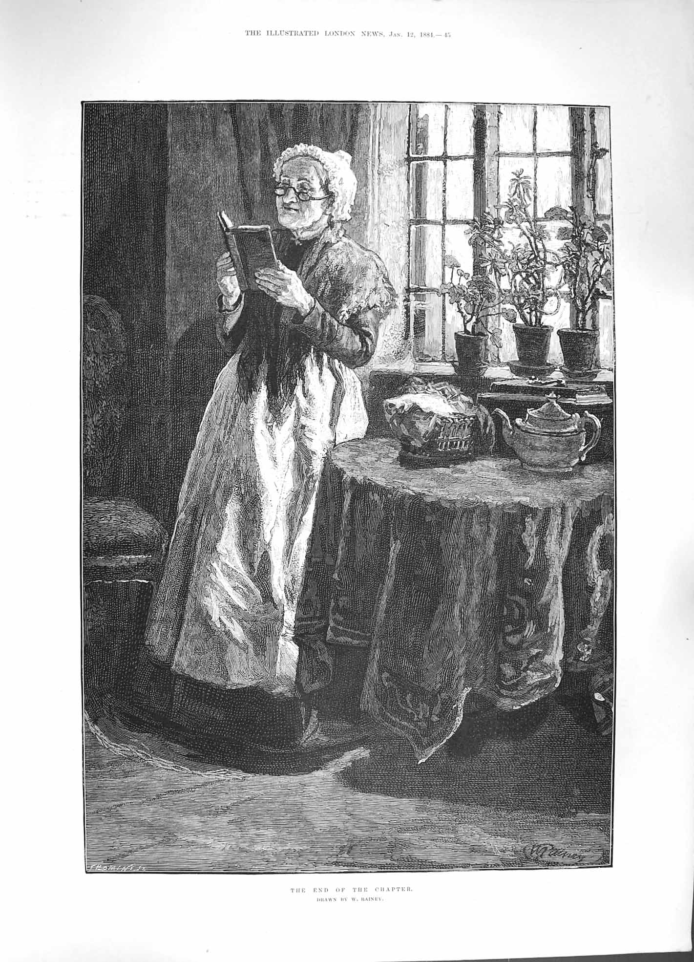Original Old Antique Print 1884 End The Chapter Lady Reading Book Fine Art 19th