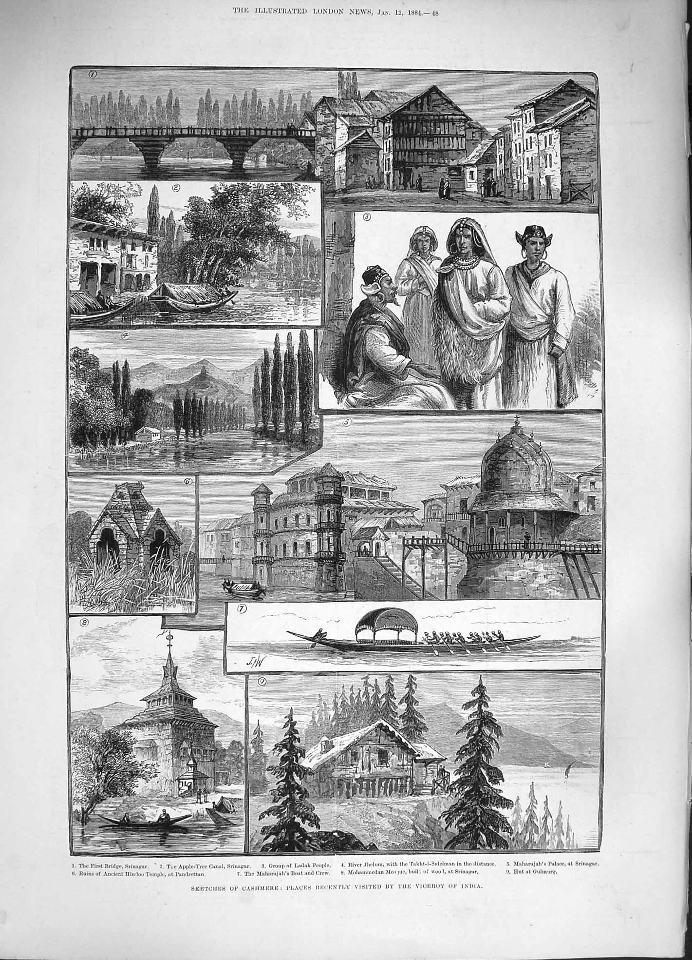 Original Old Antique Print 1884 Cashmere Srinagar Ladak People Jhelum Maharajah