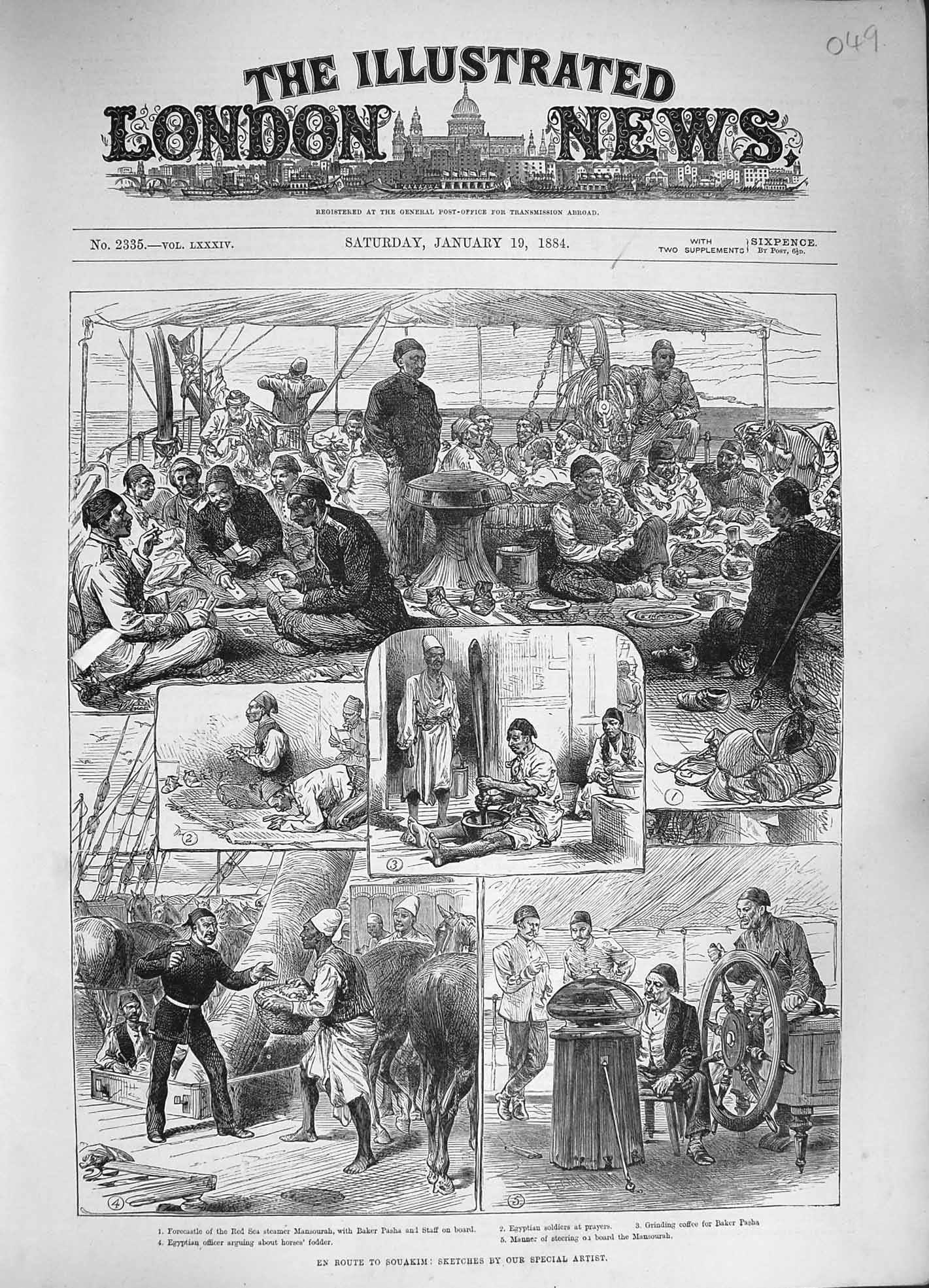 Original Old Antique Print 1884 Souakim Red Sea Steamer Mansourah Egyptian Army