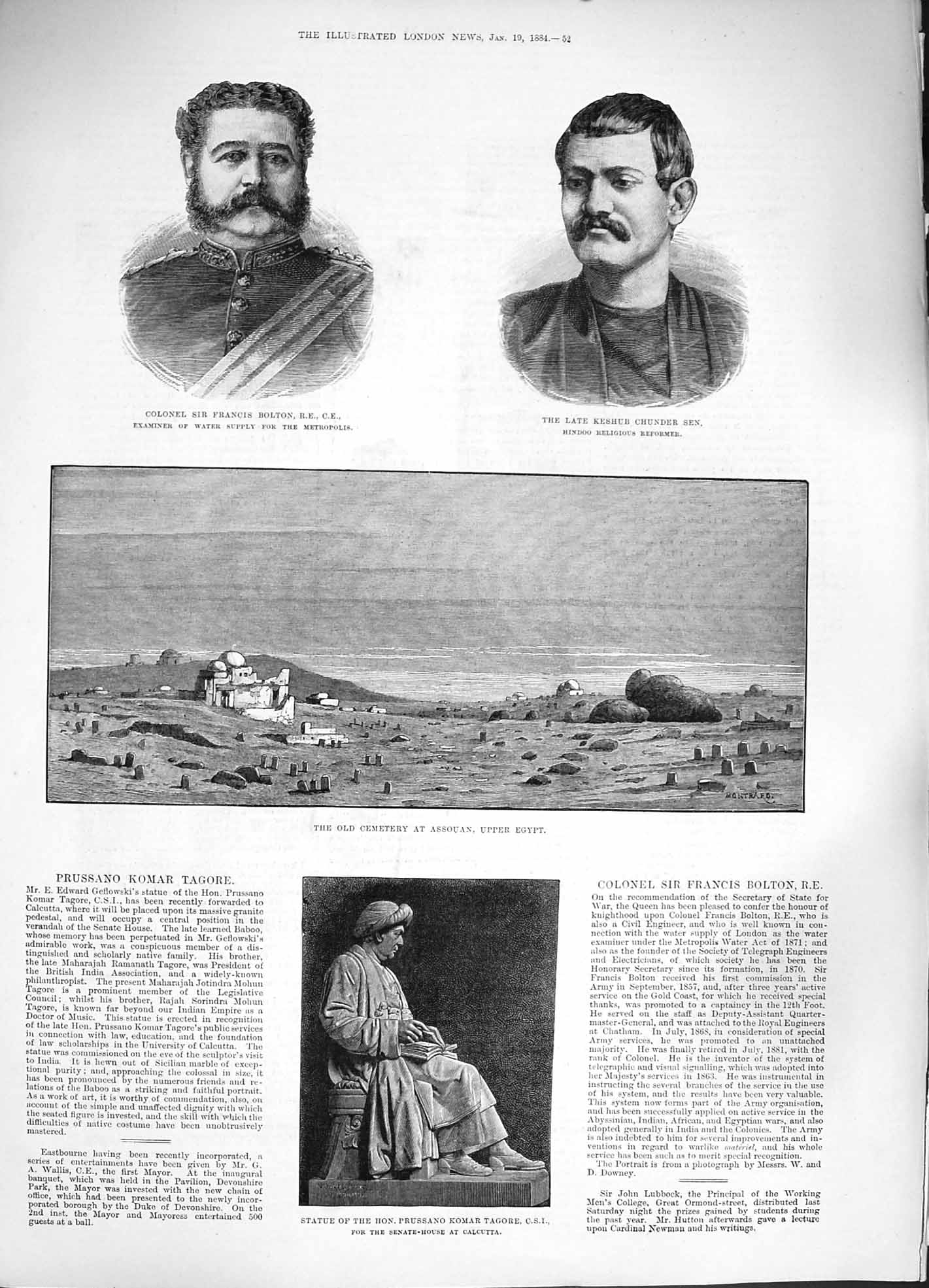 Old Antique Print 1884 Colonel Bolton Chunder Sen Assouan Statue Tagore 19th