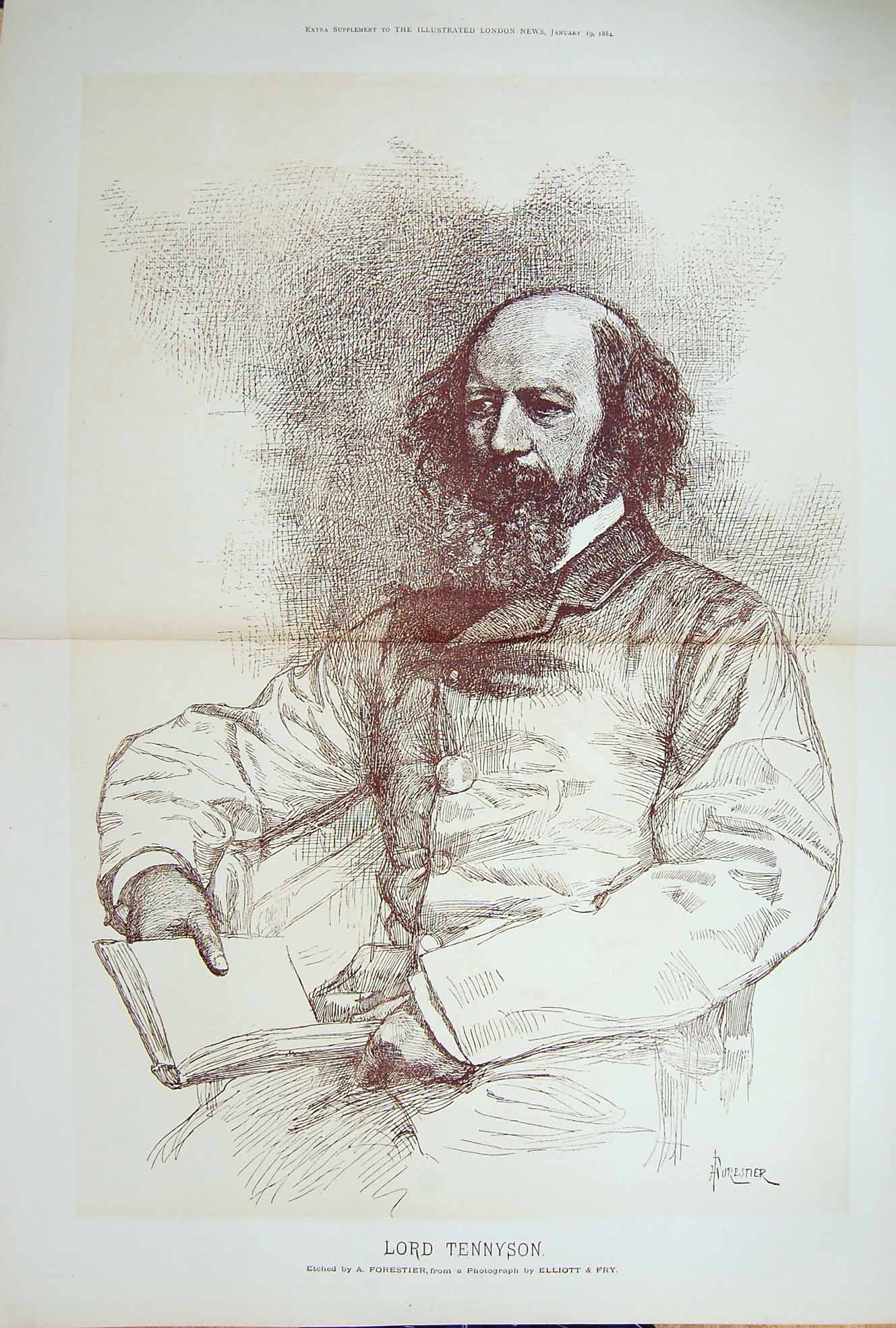 Original Old Antique Print *3332 1884 Portrait Lord Tennyson Forestier Elliott 0
