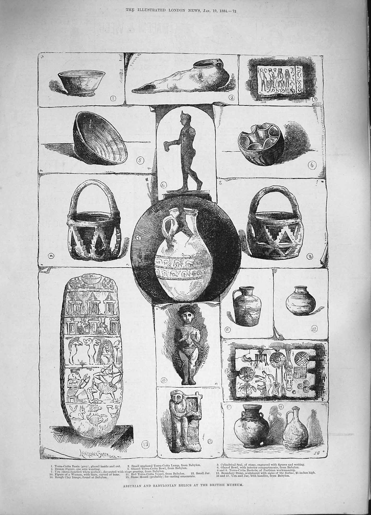 Original Old Antique Print 1884 Assyrian Babylonian Relics British Museum 19th