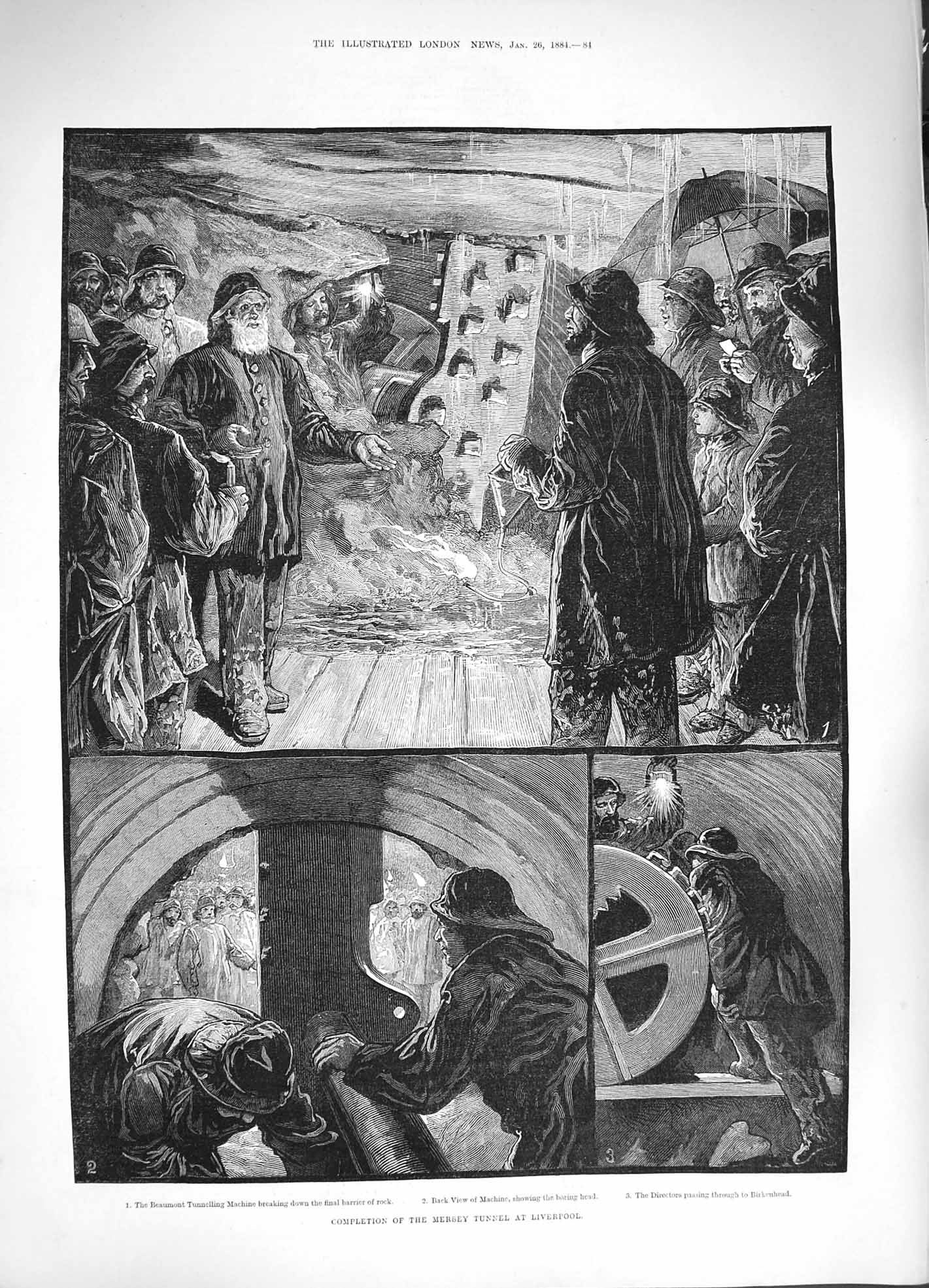 Original Old Antique Print 1884 Mersey River Tunnel Liverpool Beaumont Machine