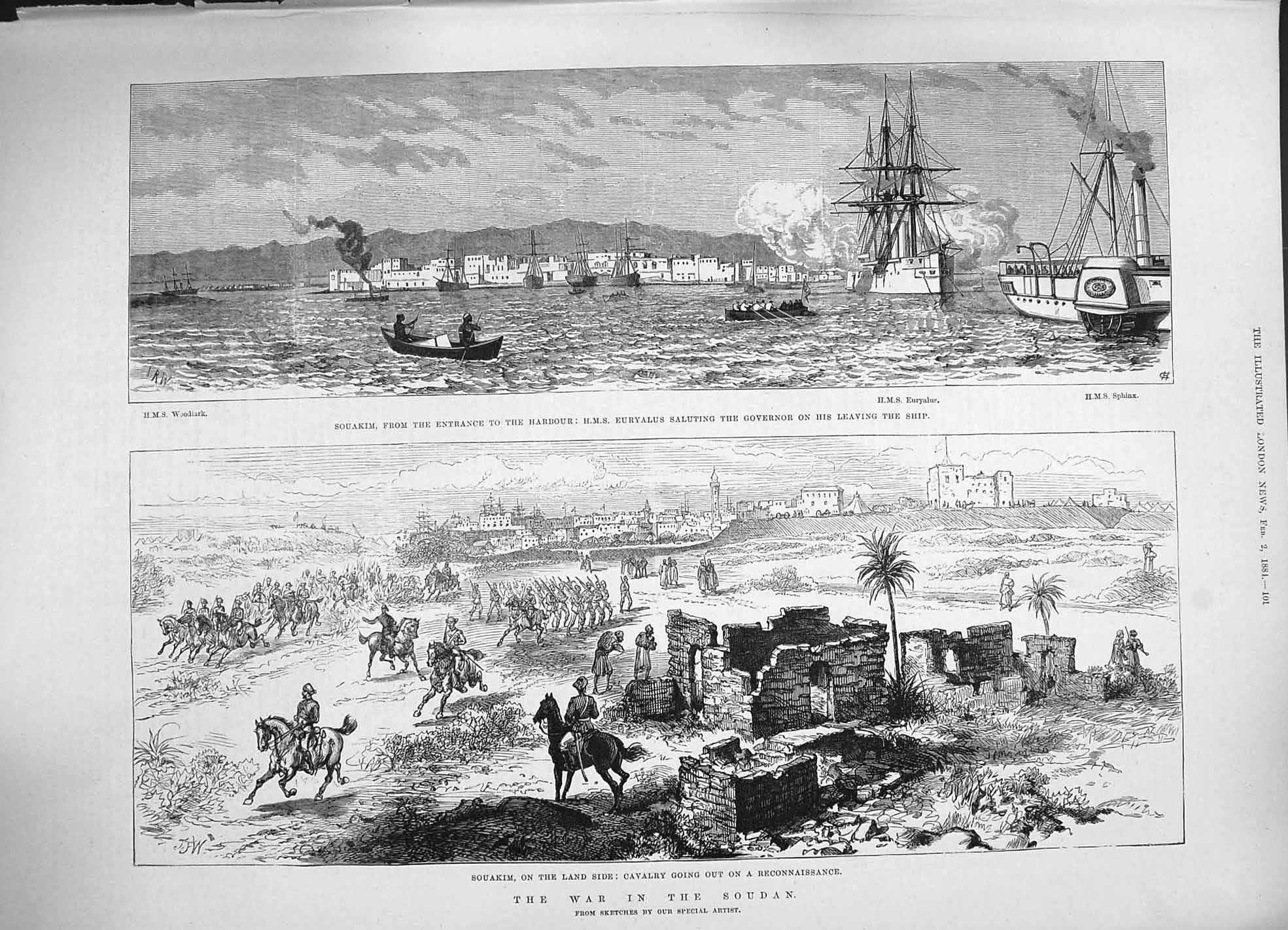 Original Old Antique Print 1884 War Soudan Souakim Harbour Ship Euryalus Sphinx