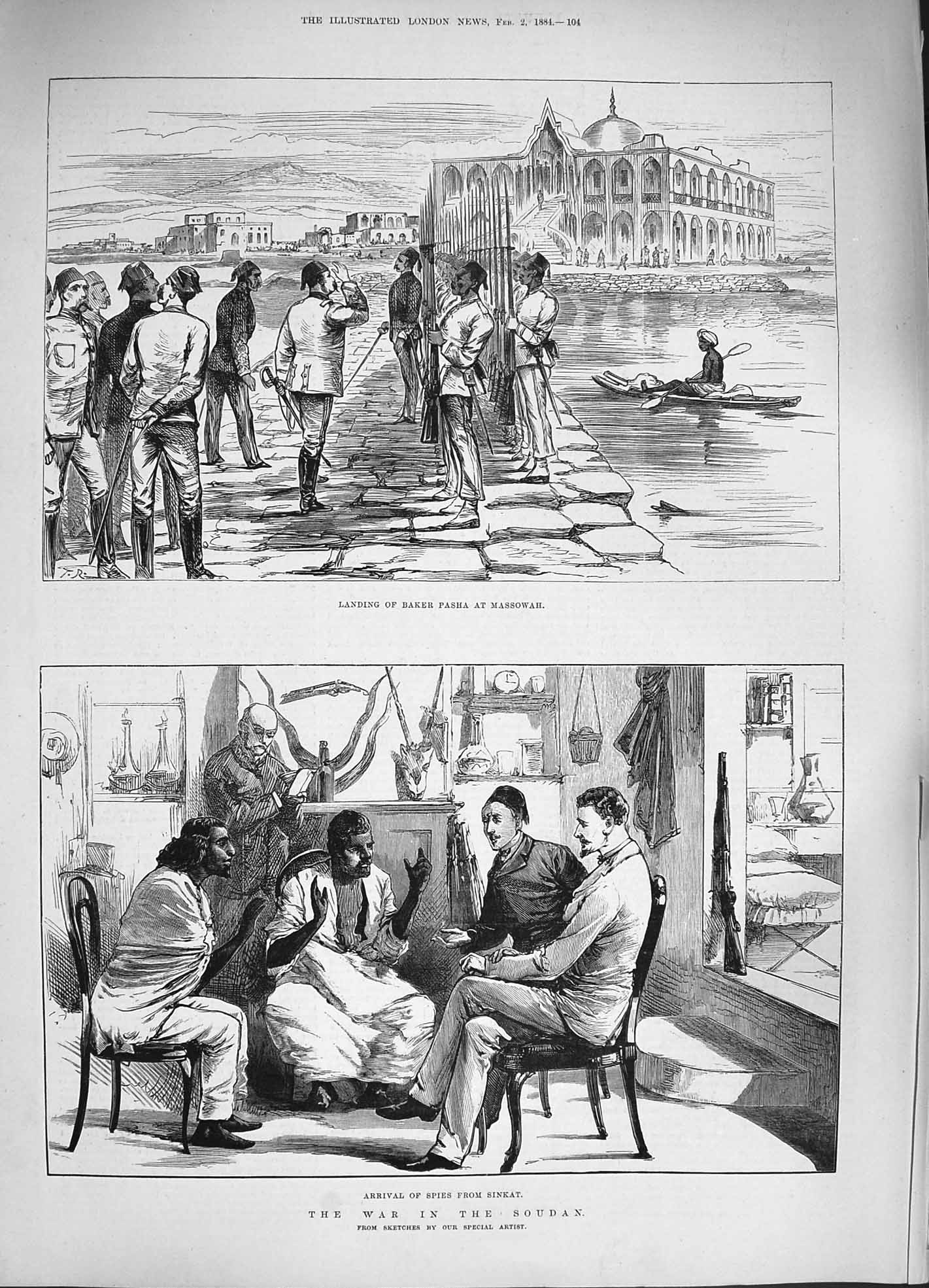 Original Old Antique Print 1884 War Soudan Spies Sinkat Baker Pasha Massowah