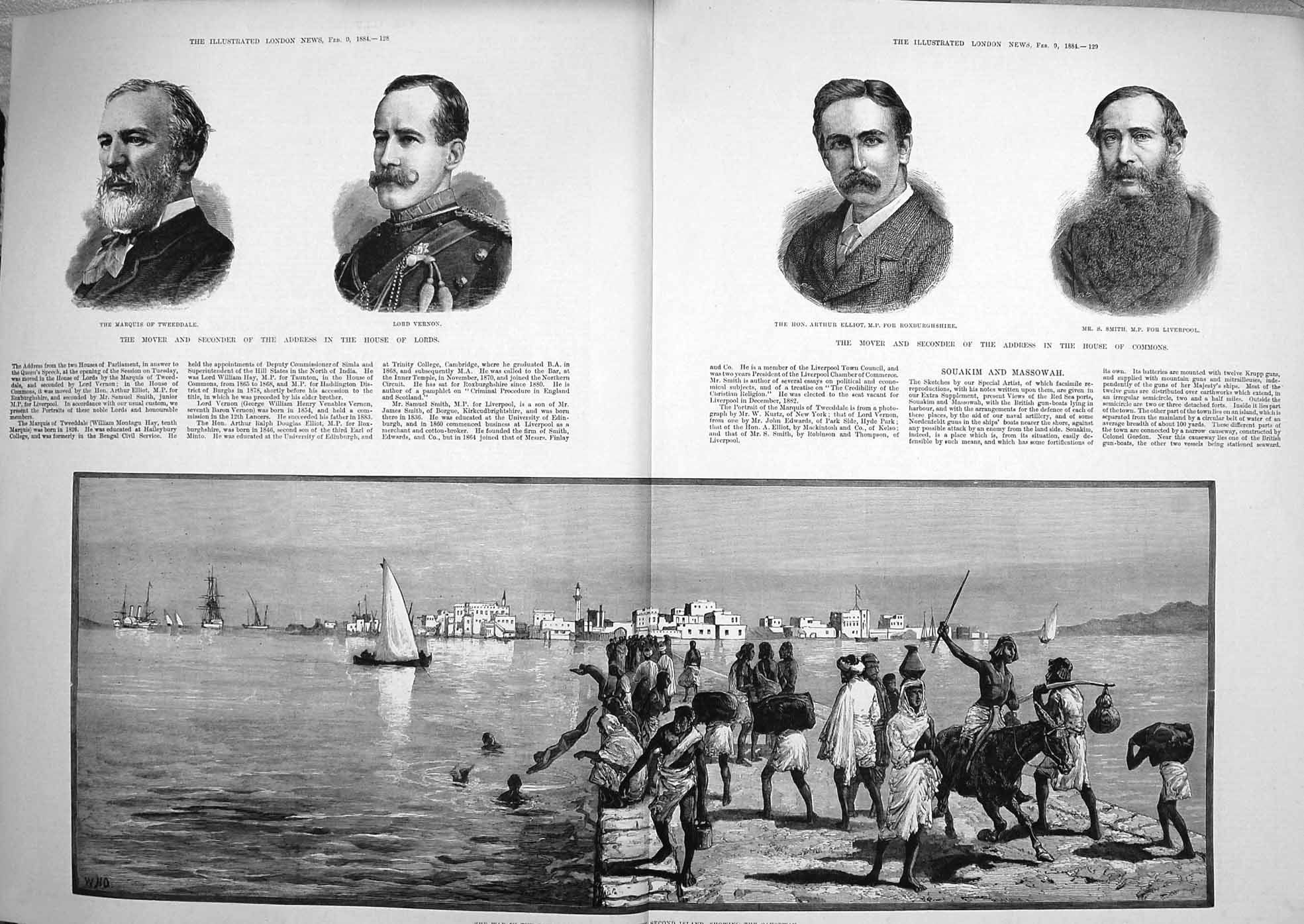 Old Antique Print 1884 War Soudan Massowah Lords Commons Vernon Elliot 19th