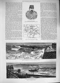 Original Old Antique Print 1884 Sea Folkestone Oil Leak Baker Pasha Plan Tokar