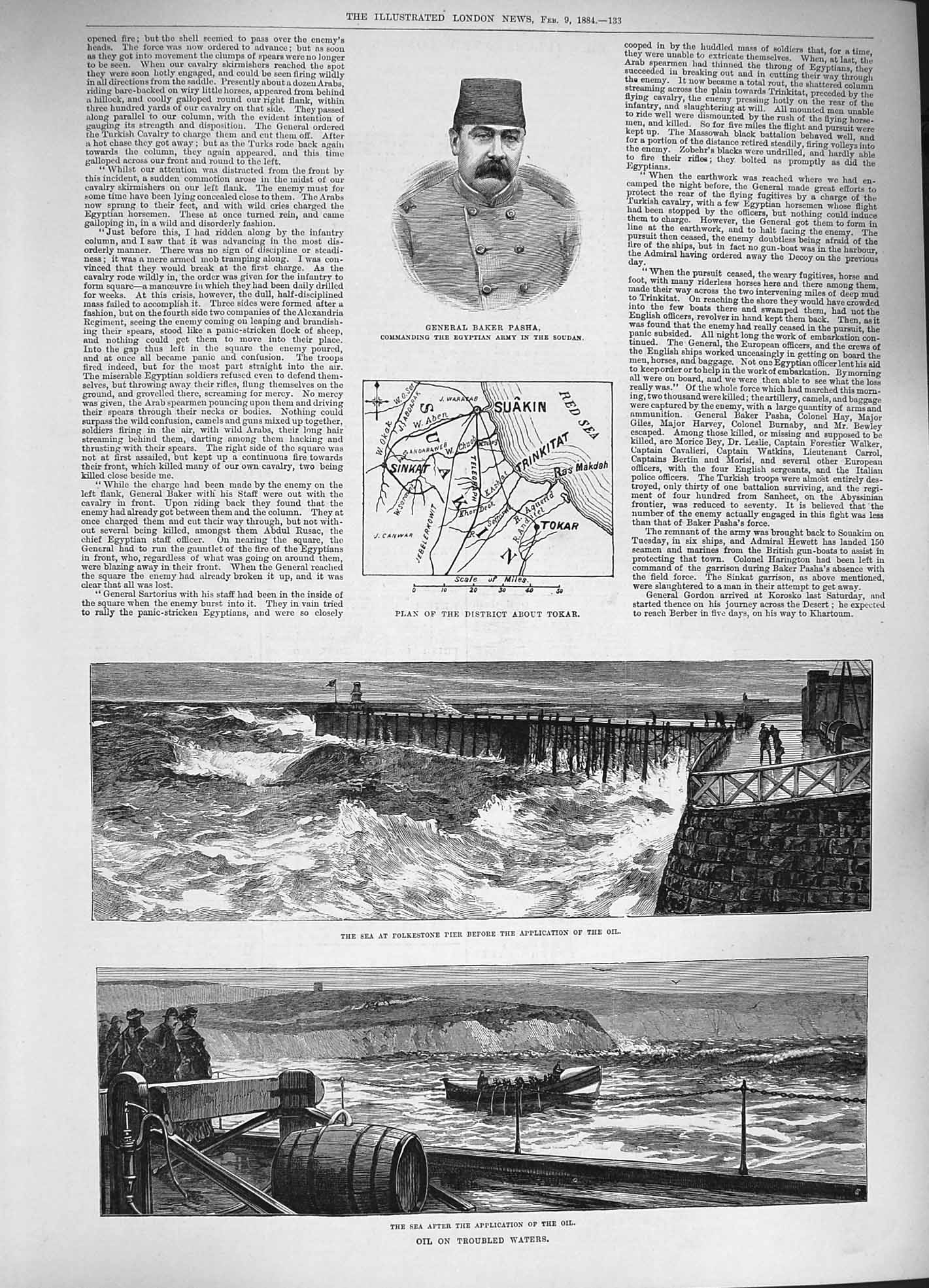 Original Old Antique Print 1884 Sea Folkestone Oil Leak Baker Pasha Plan Tokar