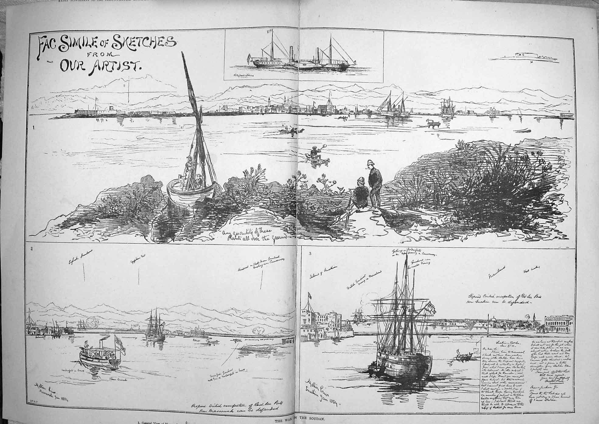 Original Old Antique Print 1884 War Soudan Melton Prior Ships Massowah Suakim