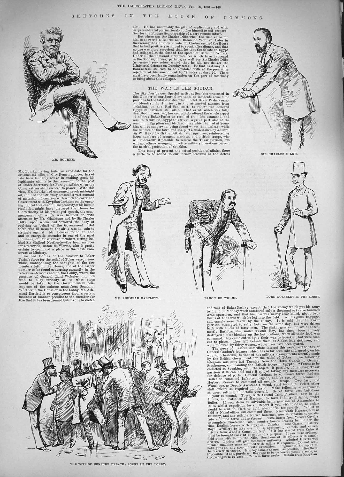 Original Old Antique Print 1884 Commons Dilke Wolseley Bourke War Soudan Tribal