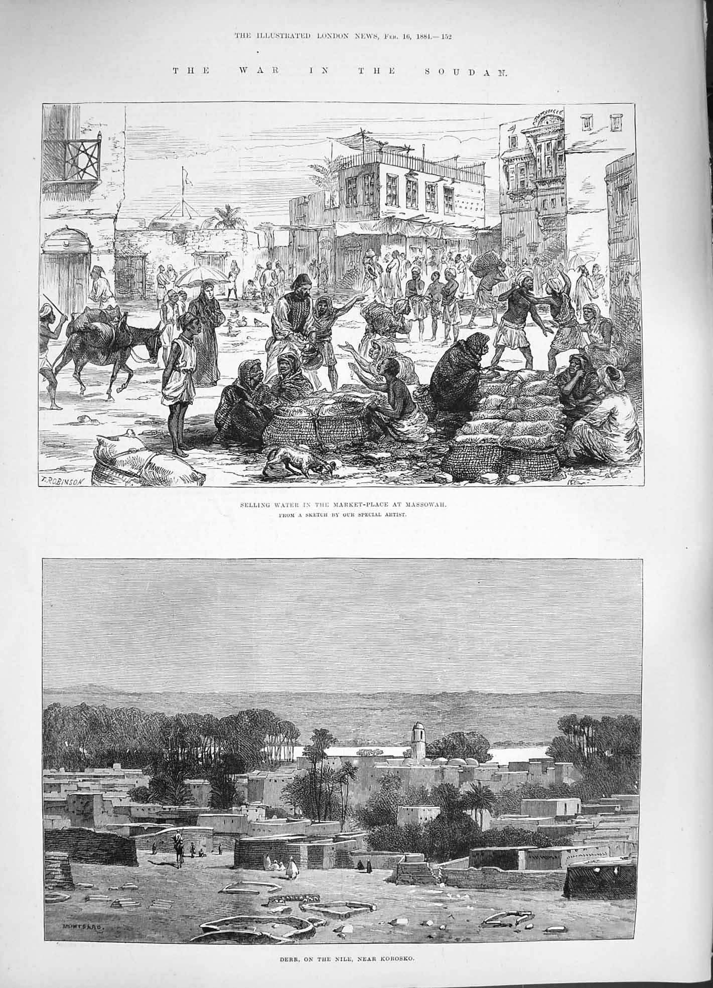 Original Old Antique Print 1884 War Soudan Market-Place Massowah Korosko Pasha