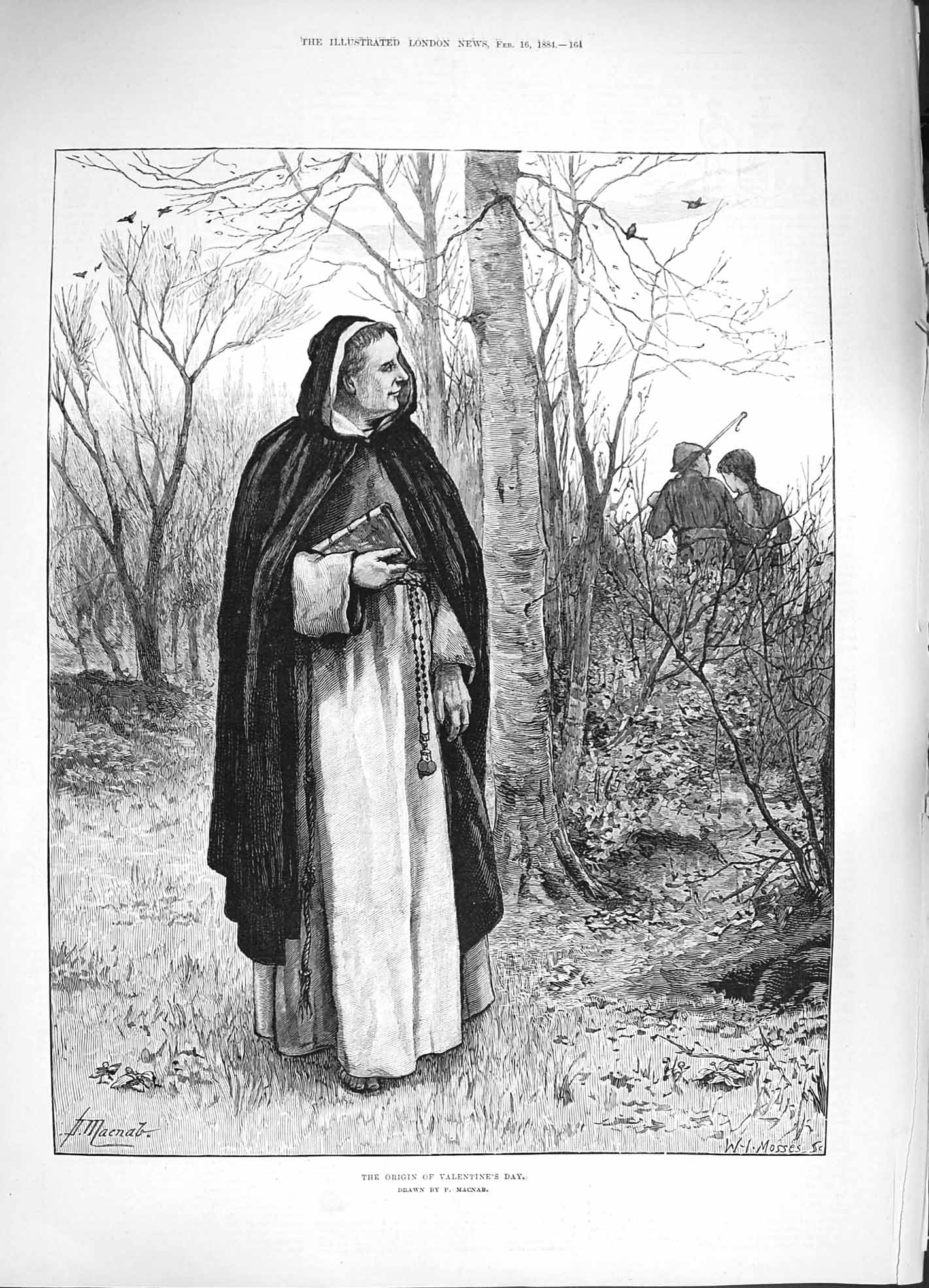 Original Old Antique Print 1884 Origin Valentine'S Day Priest Man Lady Romance