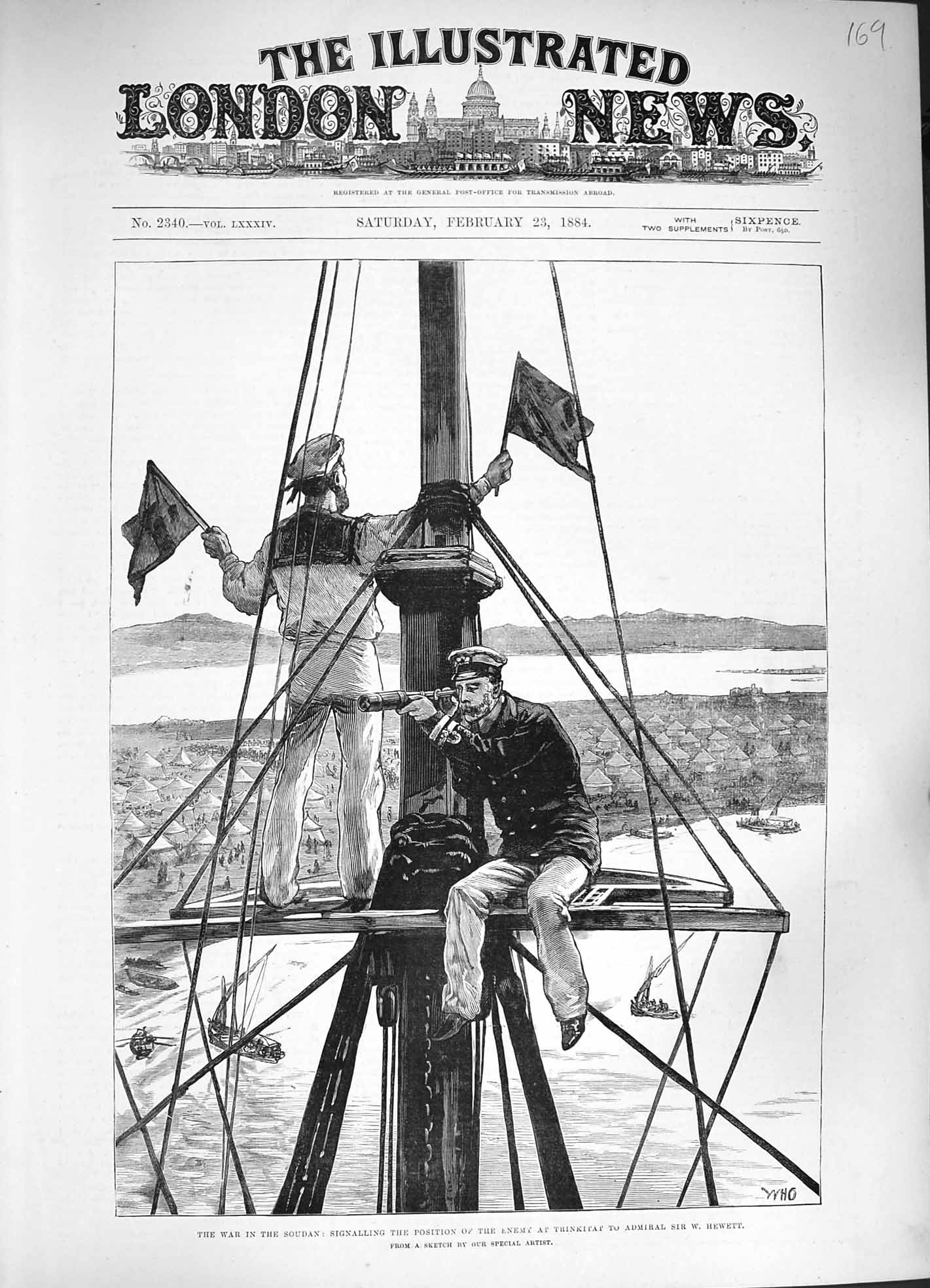 Original Old Antique Print 1884 War Soudan Ship Signalling Trinkitat Sir Hewett