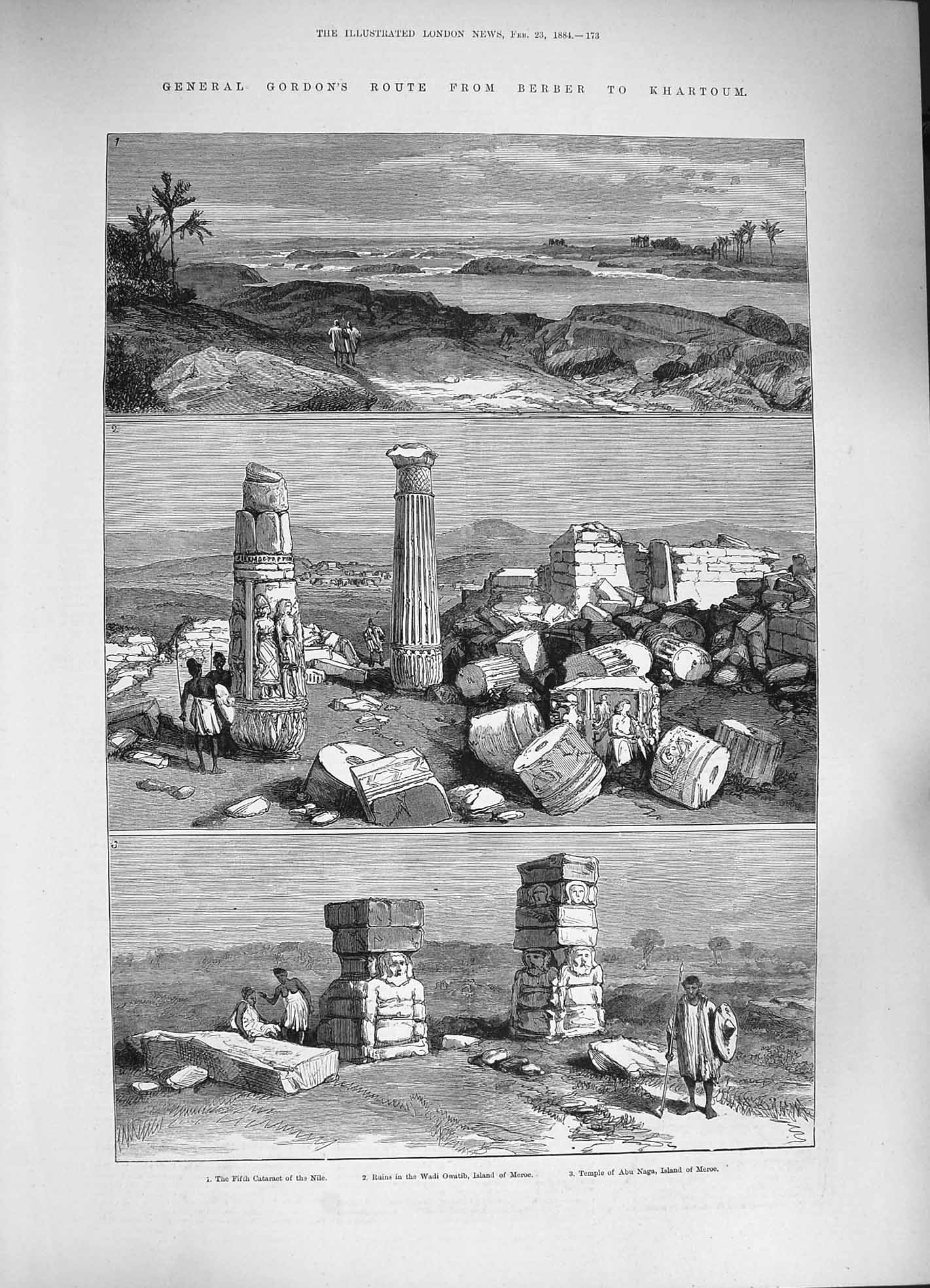 Old Antique Print 1884 General Gordon Khartoum Wadi Island Meroe Abu Naga 19th