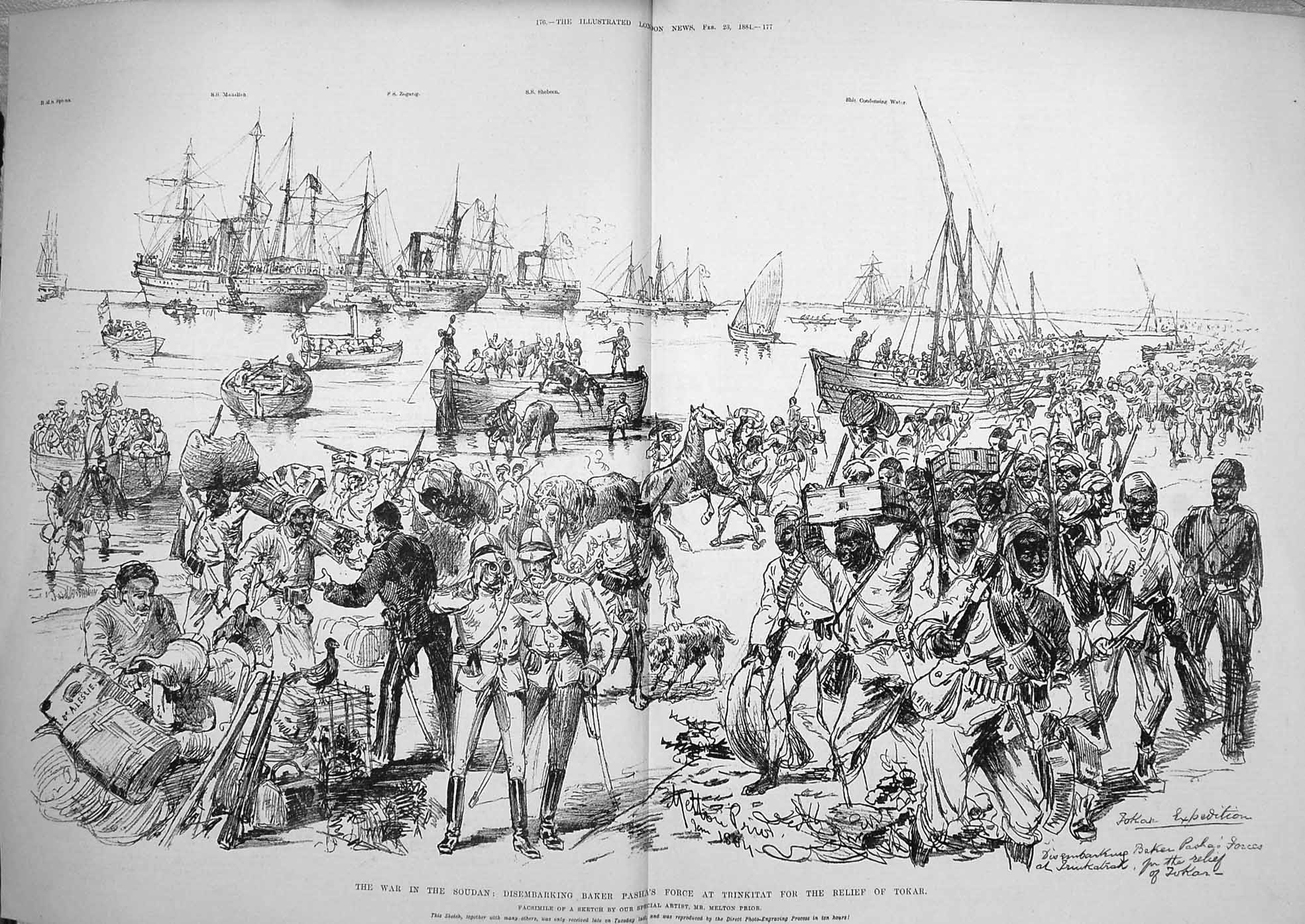 Original Old Antique Print 1884 War Soudan Baker Pasha Trinkitat Tokar Ships