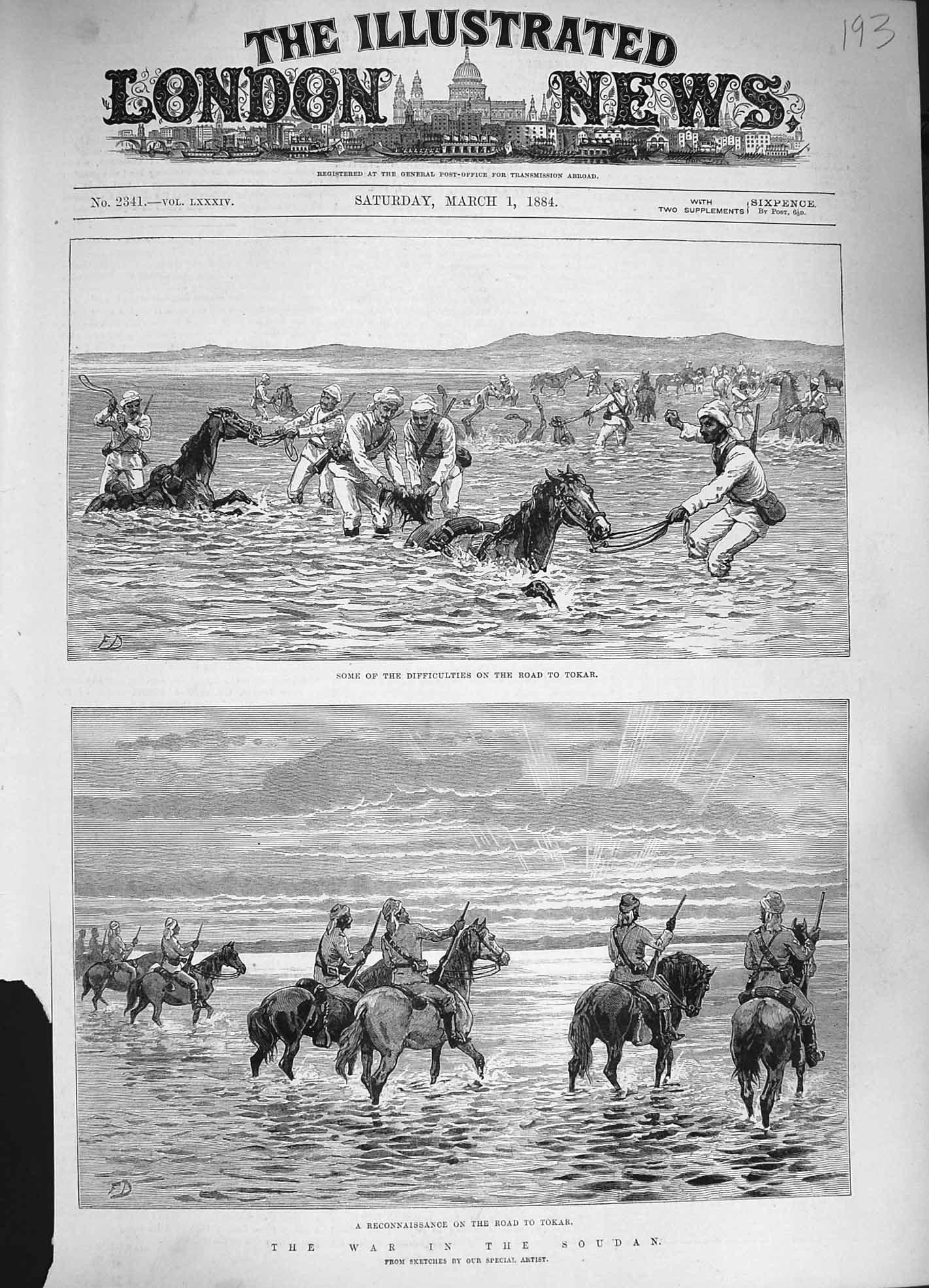 Original Old Antique Print 1884 War Soudan Reconnaissance Tokar Horses Siers