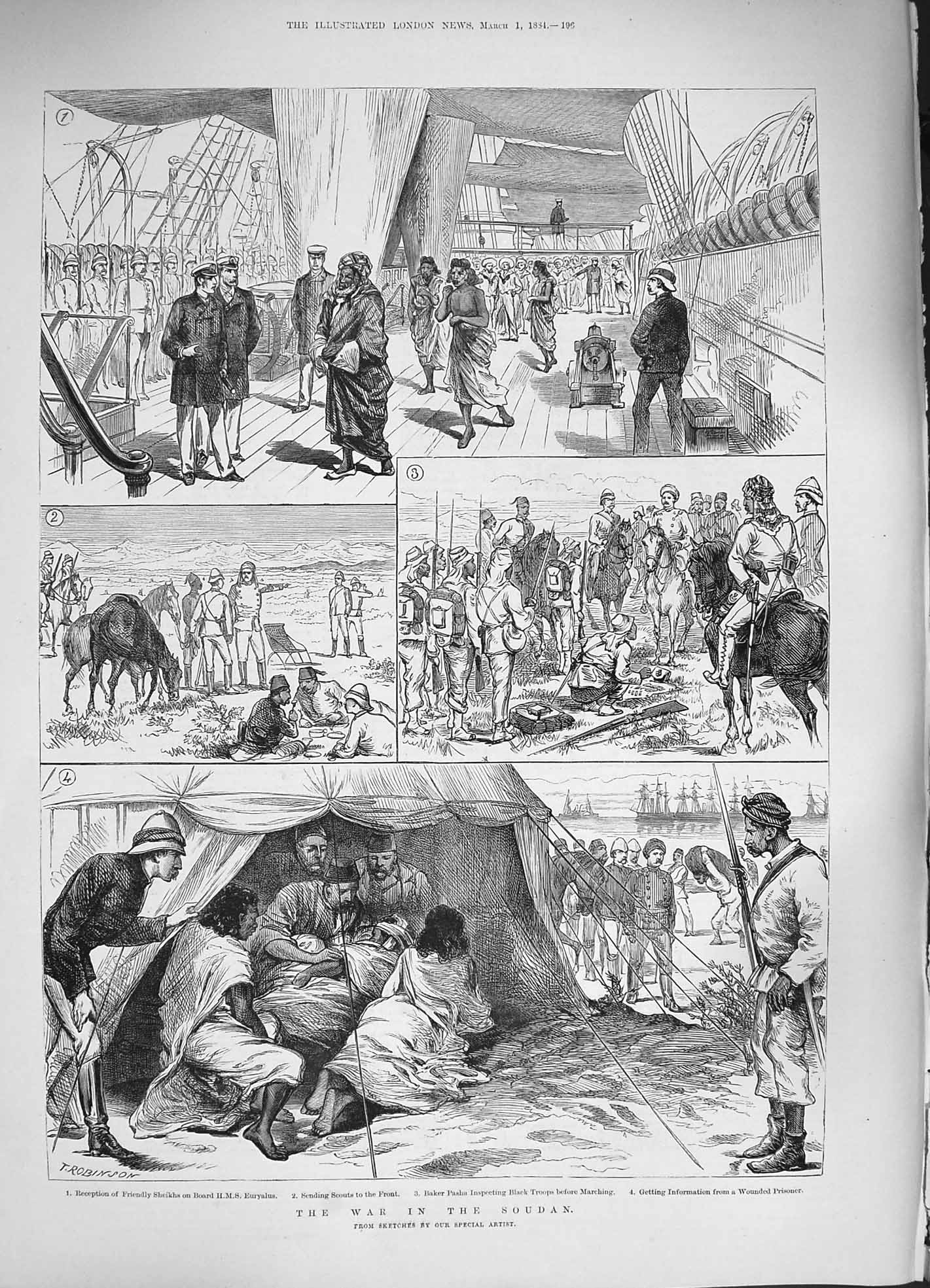Old Antique Print 1884 War Soudan Sheikhs Euryalus Ship Baker Pasha Scout 19th
