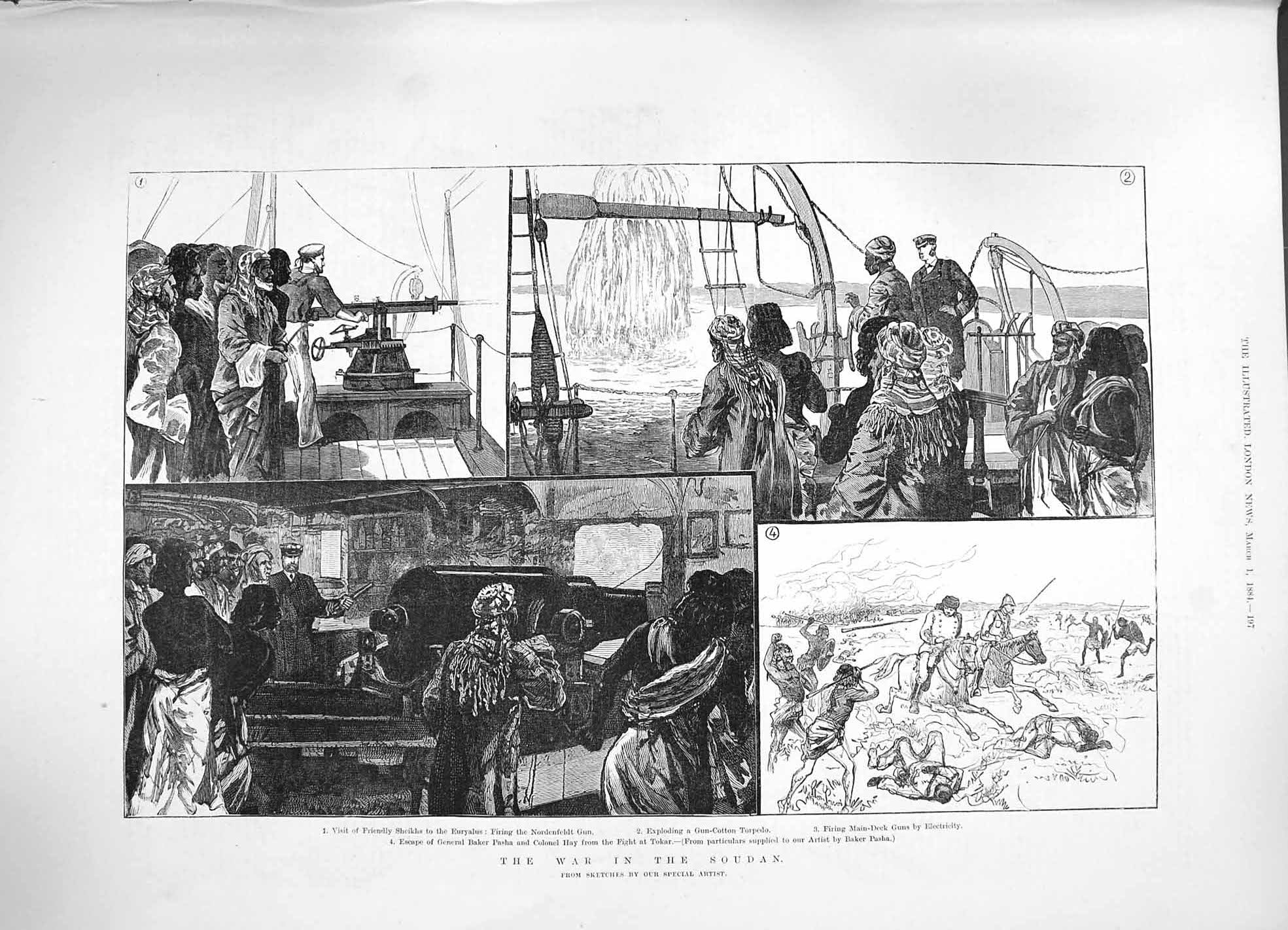 Old Antique Print 1884 War Soudan Sheikhs Tokar Nordenfeldt Gun Hay Pasha 19th