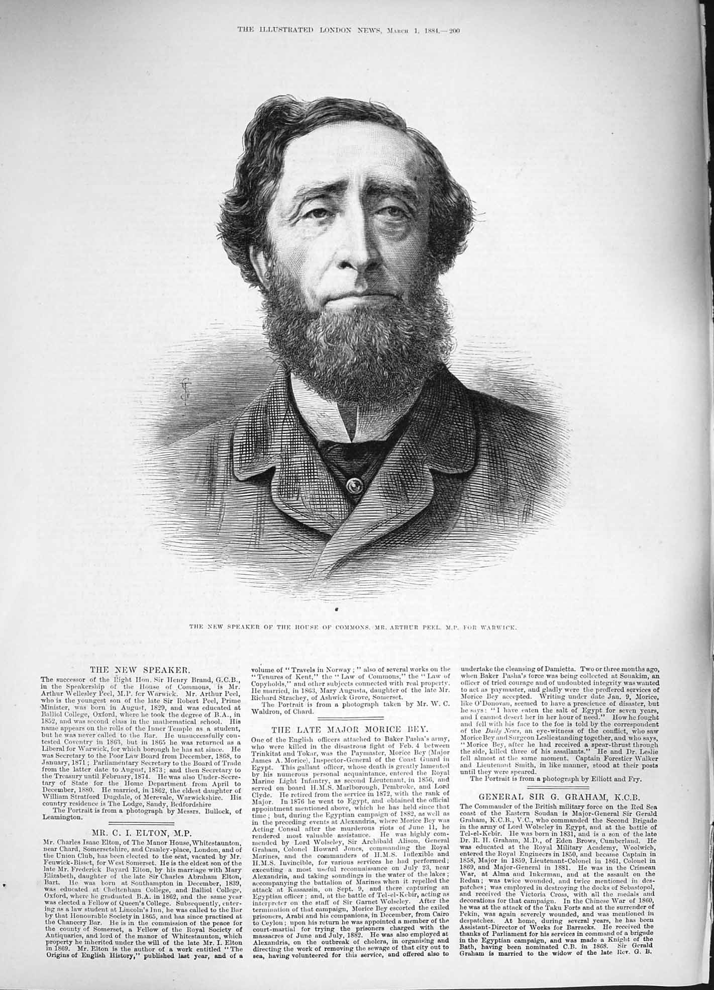 Old Antique Print 1884 Portrait Speaker House Commons Arthur Peel Warwick 19th