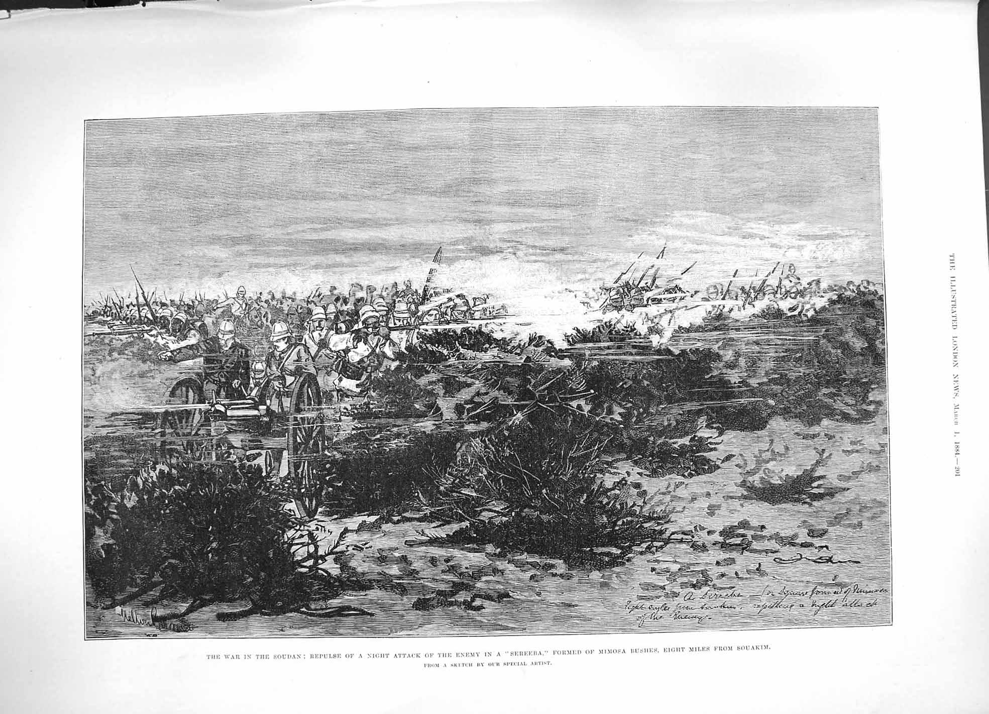 Original Old Antique Print 1884 War Soudan Attack Sereeba Mimosa Bushes Souakim