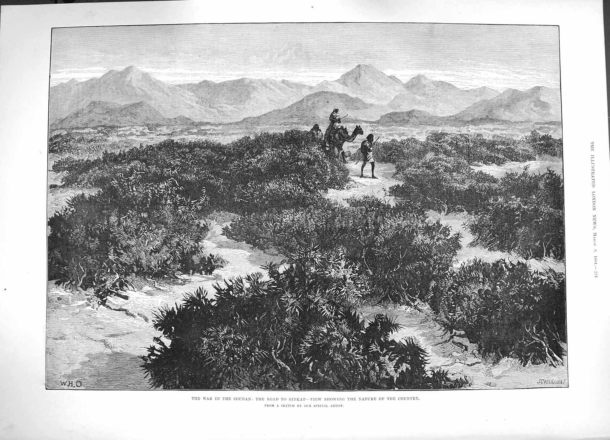 Old Antique Print 1884 War Soudan Sinkat Country Mountains Camel Fine Art 19th