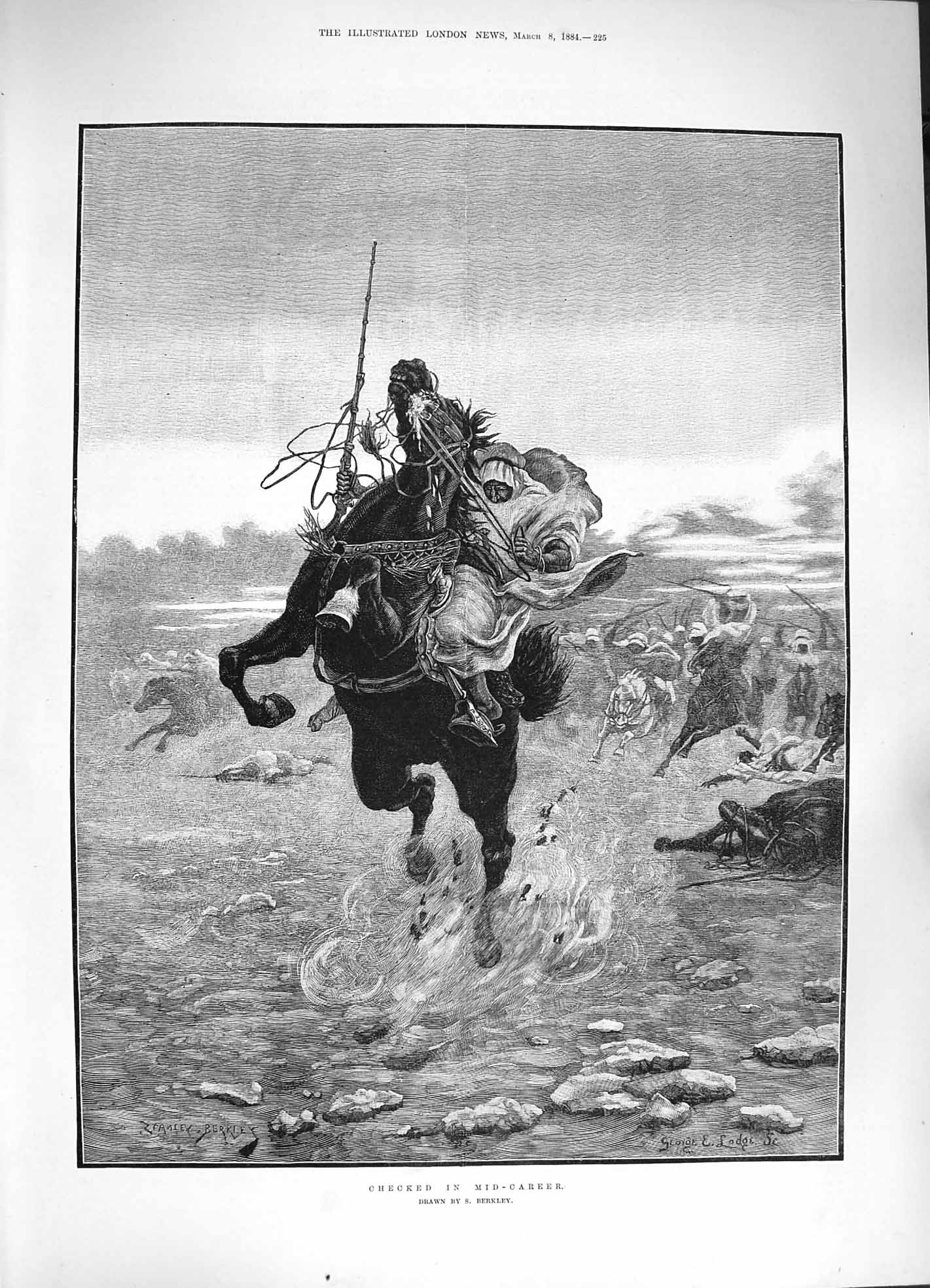 Original Old Antique Print 1884 Checked Mid-Career Man Rearing Horse Fine Art