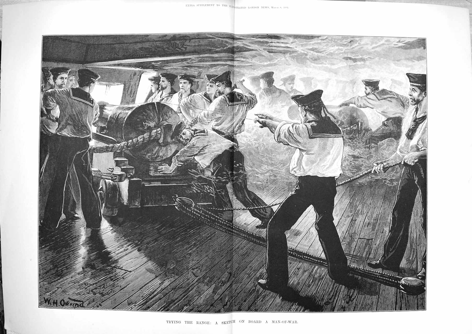 Old Antique Print 1884 Scene Board Ship Man-Of-War Sailors Navy War Gun 19th