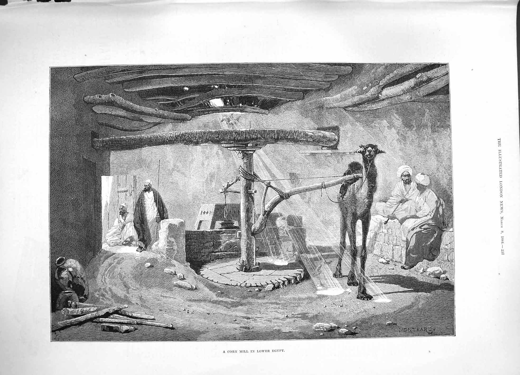 Original Old Antique Print 1884 Corn Mill Lower Egypt Camel Industry Montbard