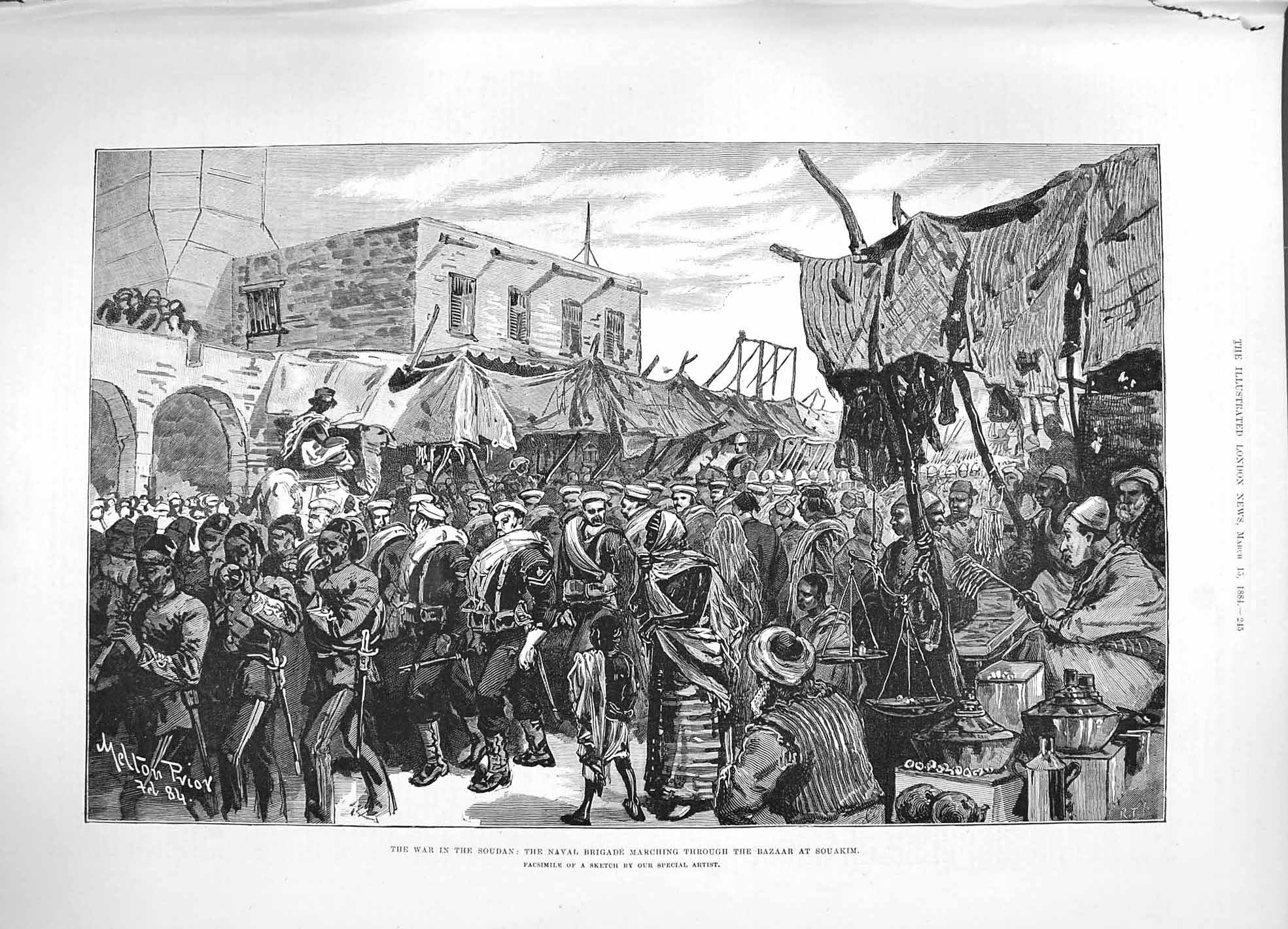 Antique Old Print *3326 1884 War Soudan Naval Brigade Bazaar Souakim Siers