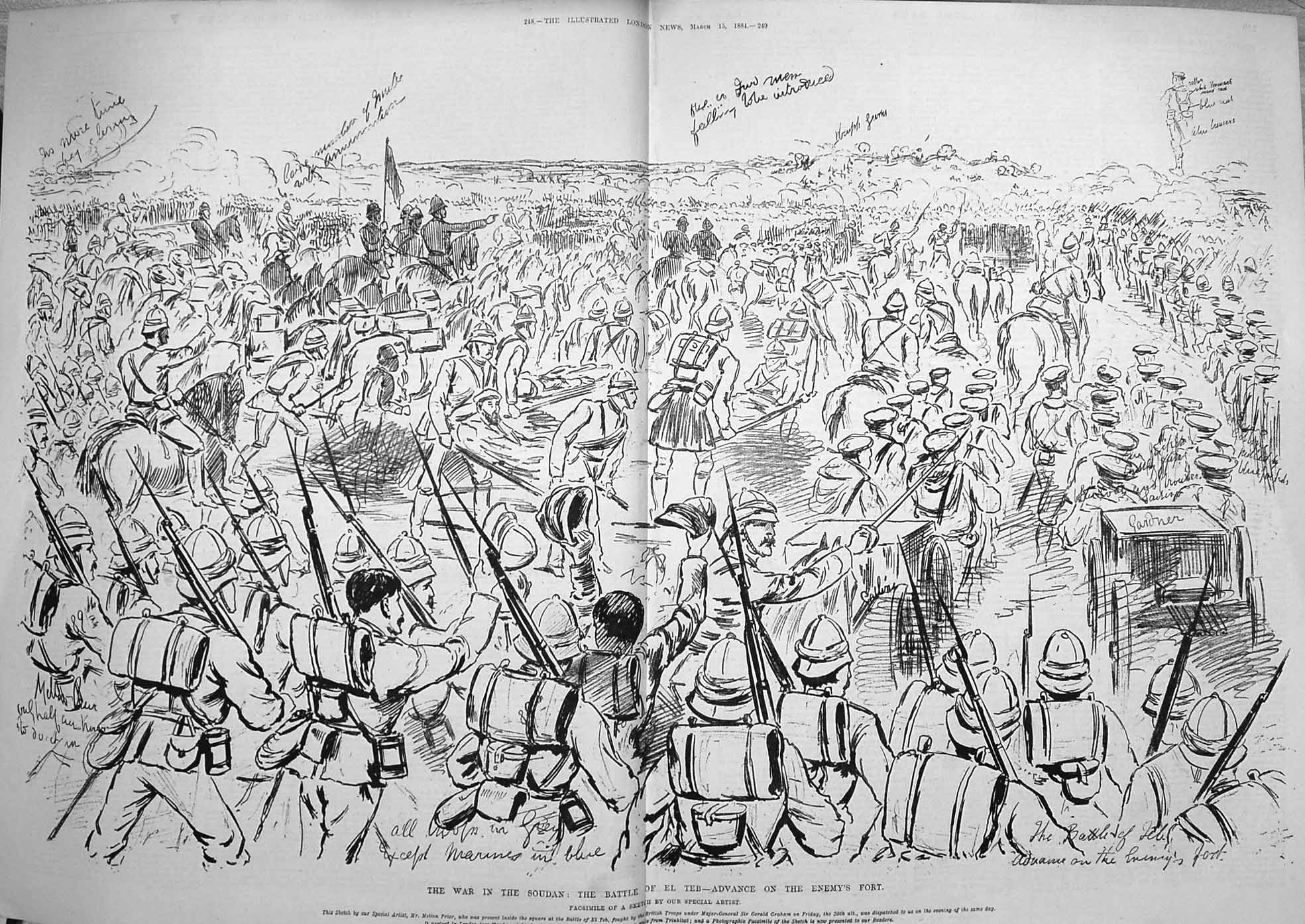 Original Old Antique Print 1884 War Soudan Battle El Teb Siers Advance Fort