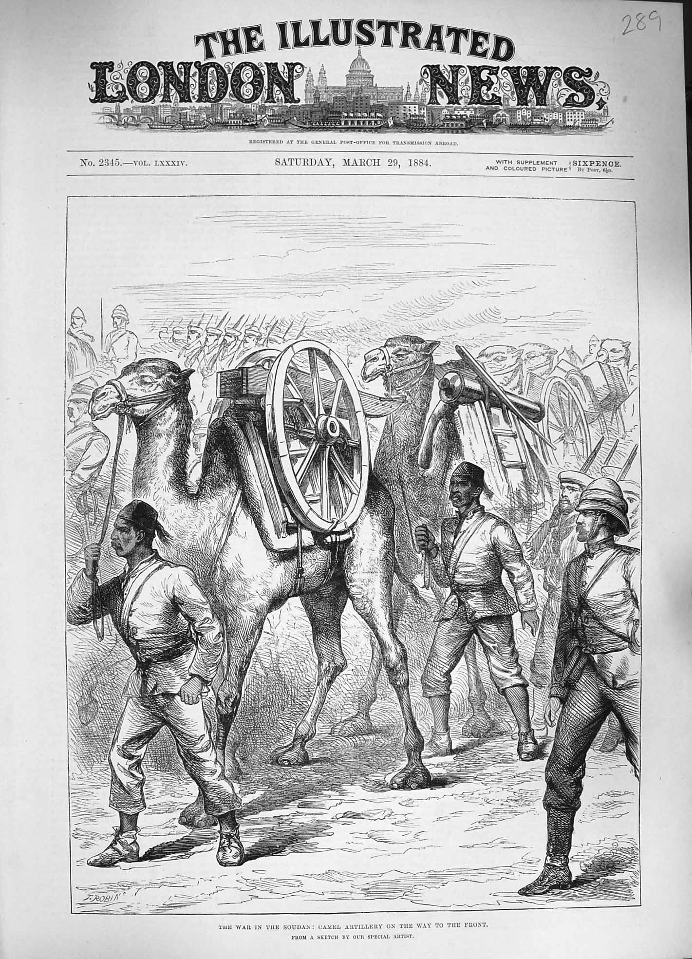 Original Old Antique Print 1884 War Soudan Camel Artillery Siers Marching 19th