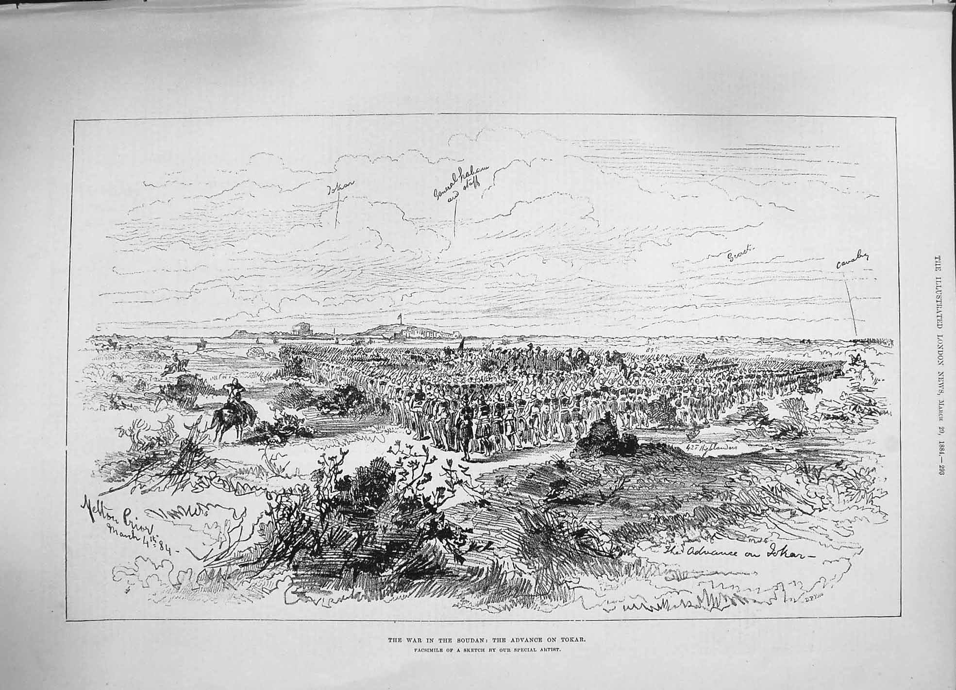 Original Old Antique Print 1884 War Soudan Advance Tokar Siers Marching 19th