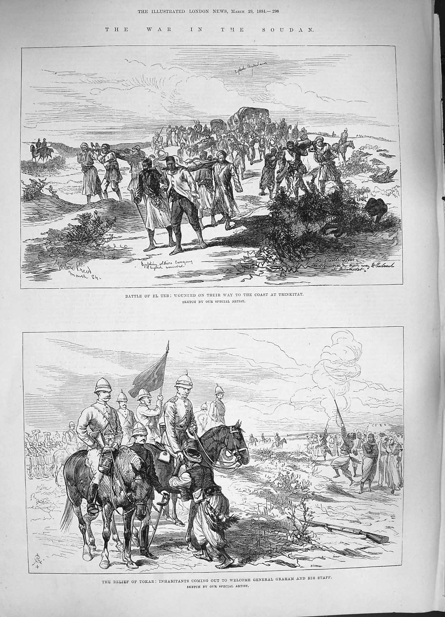 Original Old Antique Print 1884 War Soudan Battle El Teb Trinkitat Tokar Graham