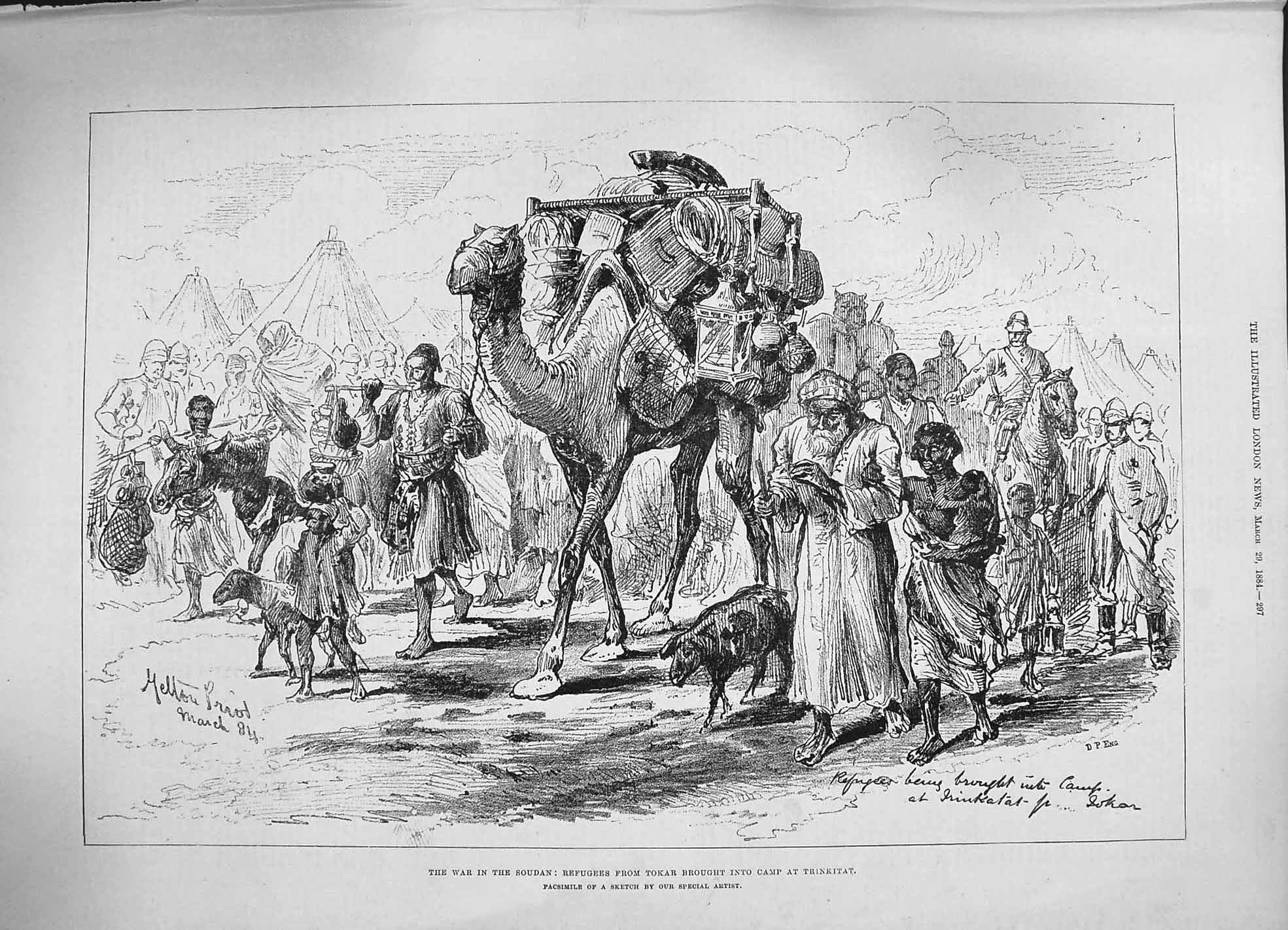 Original Old Antique Print 1884 War Soudan Refugees Tokar Camp Trinkitat Camels