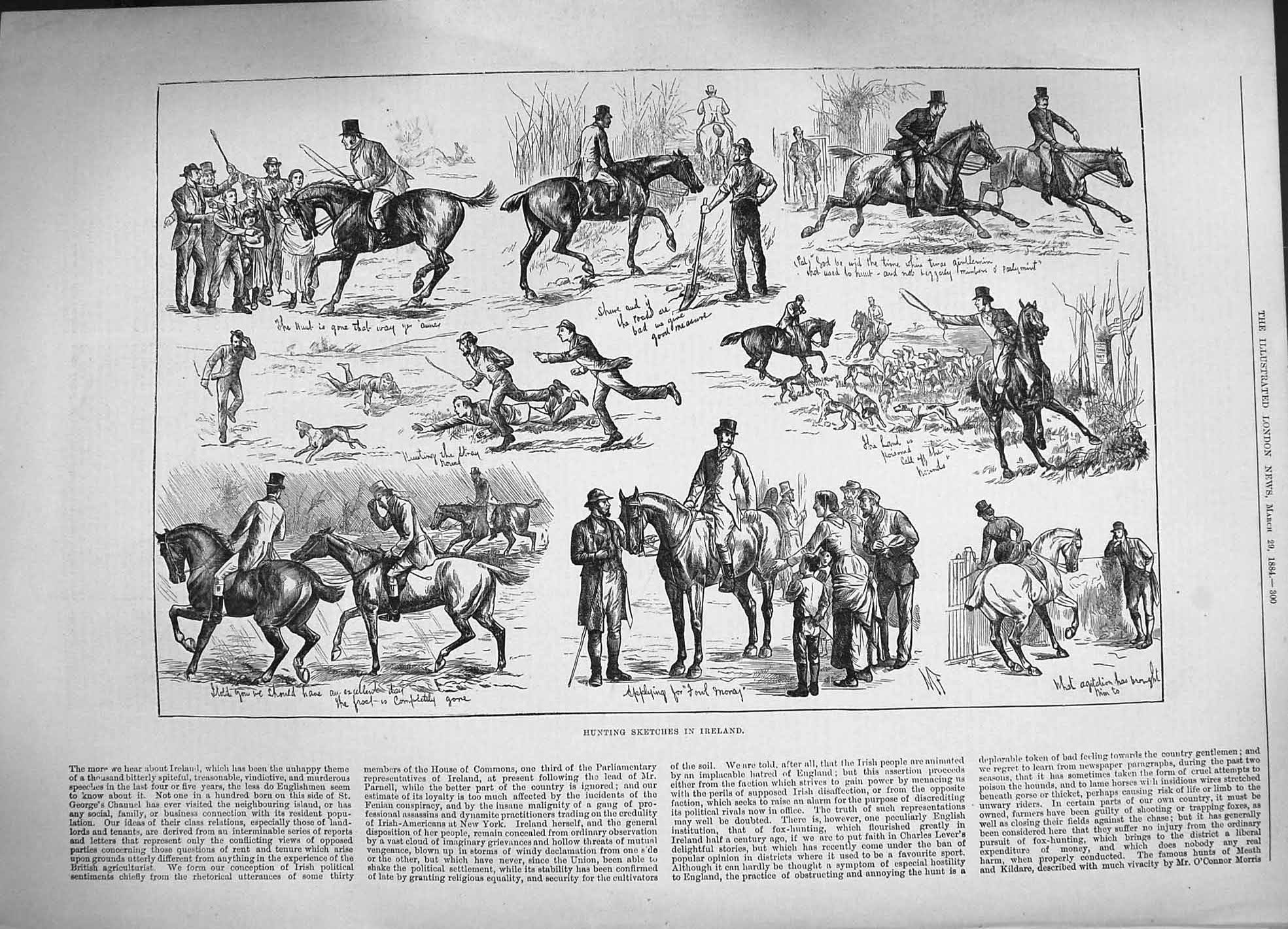 Original Old Antique Print 1884 Hunting Sketches Ireland Horses Hounds Sport