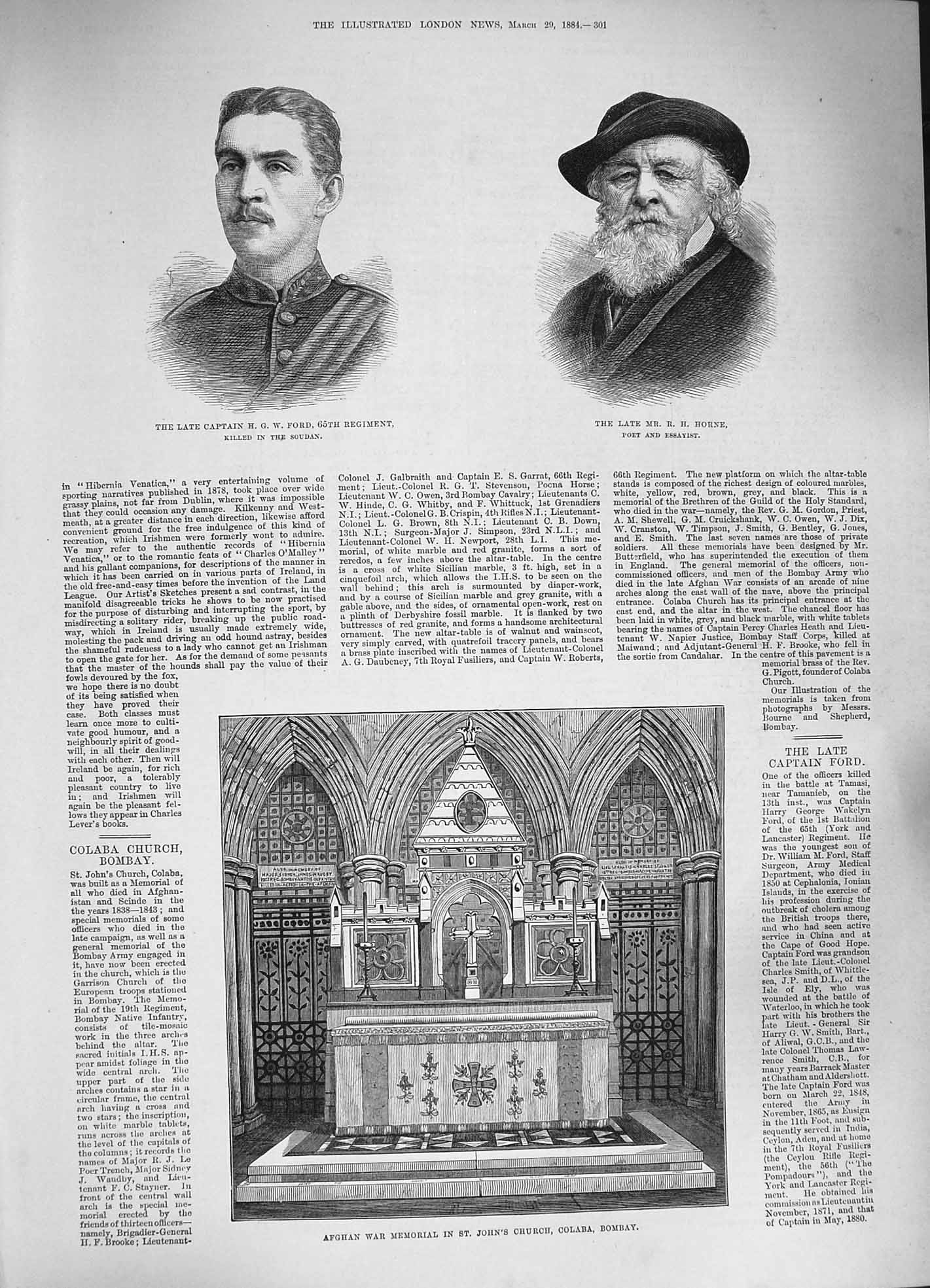 Original Old Antique Print 1884 Afghan War Memorial John'S Church Bombay Horne