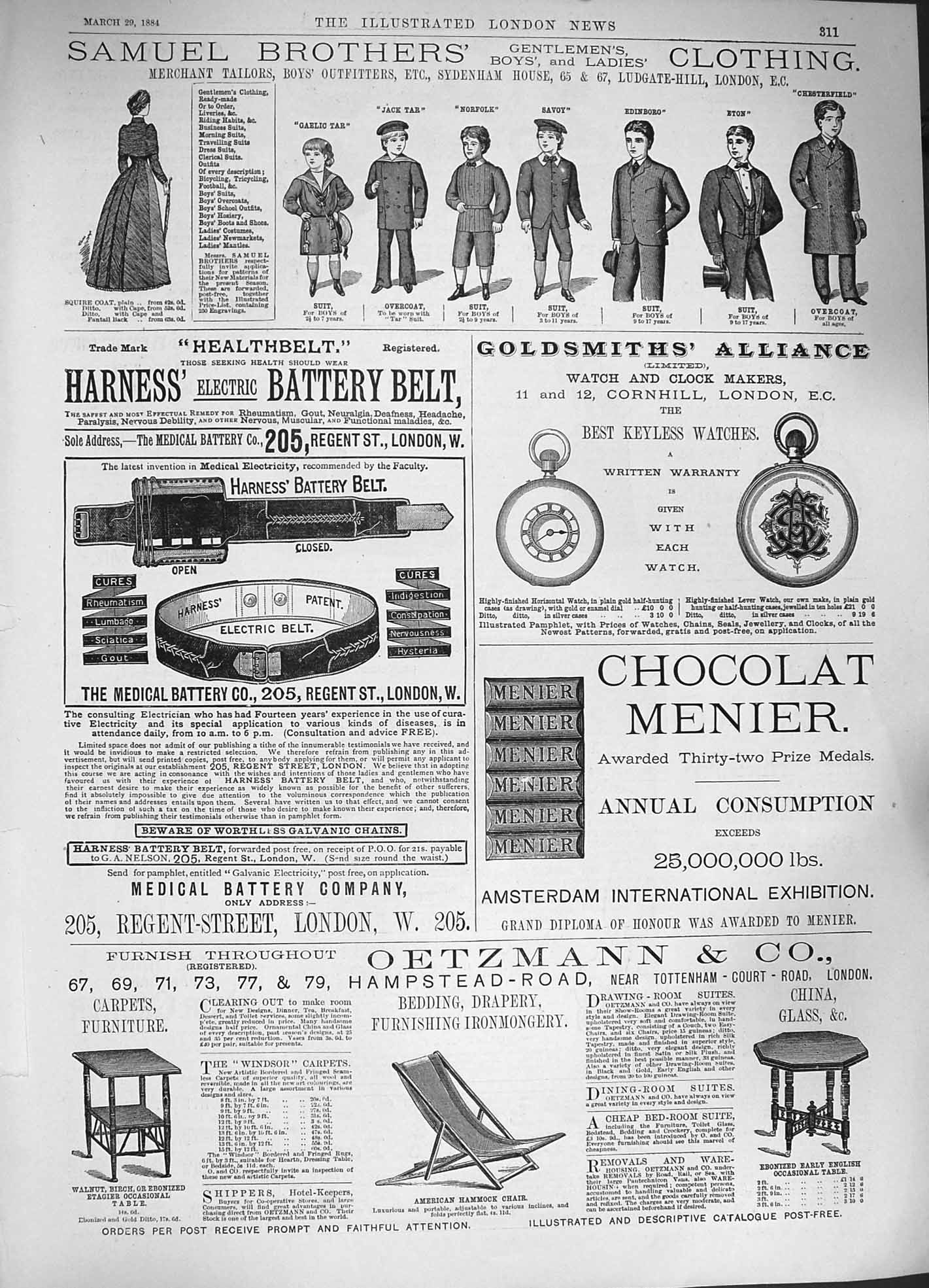 Old Antique Print 1884 Samuel Brothers Clothing Oetzmann Furniture Menier 19th